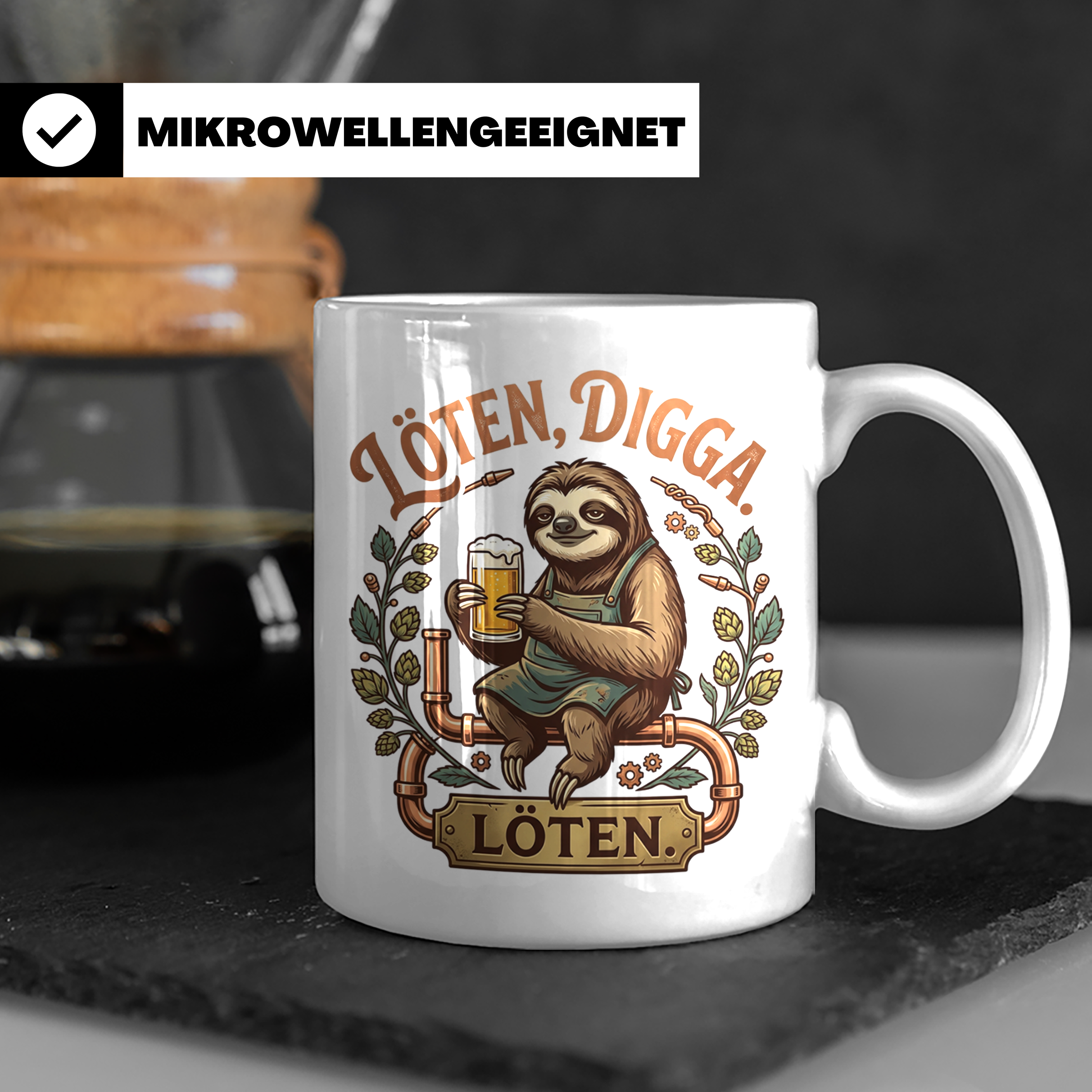 Löten Digga Tasse mit Faultier & Bier, lustiger Spruch für H – Weiß [farbe:weiß]