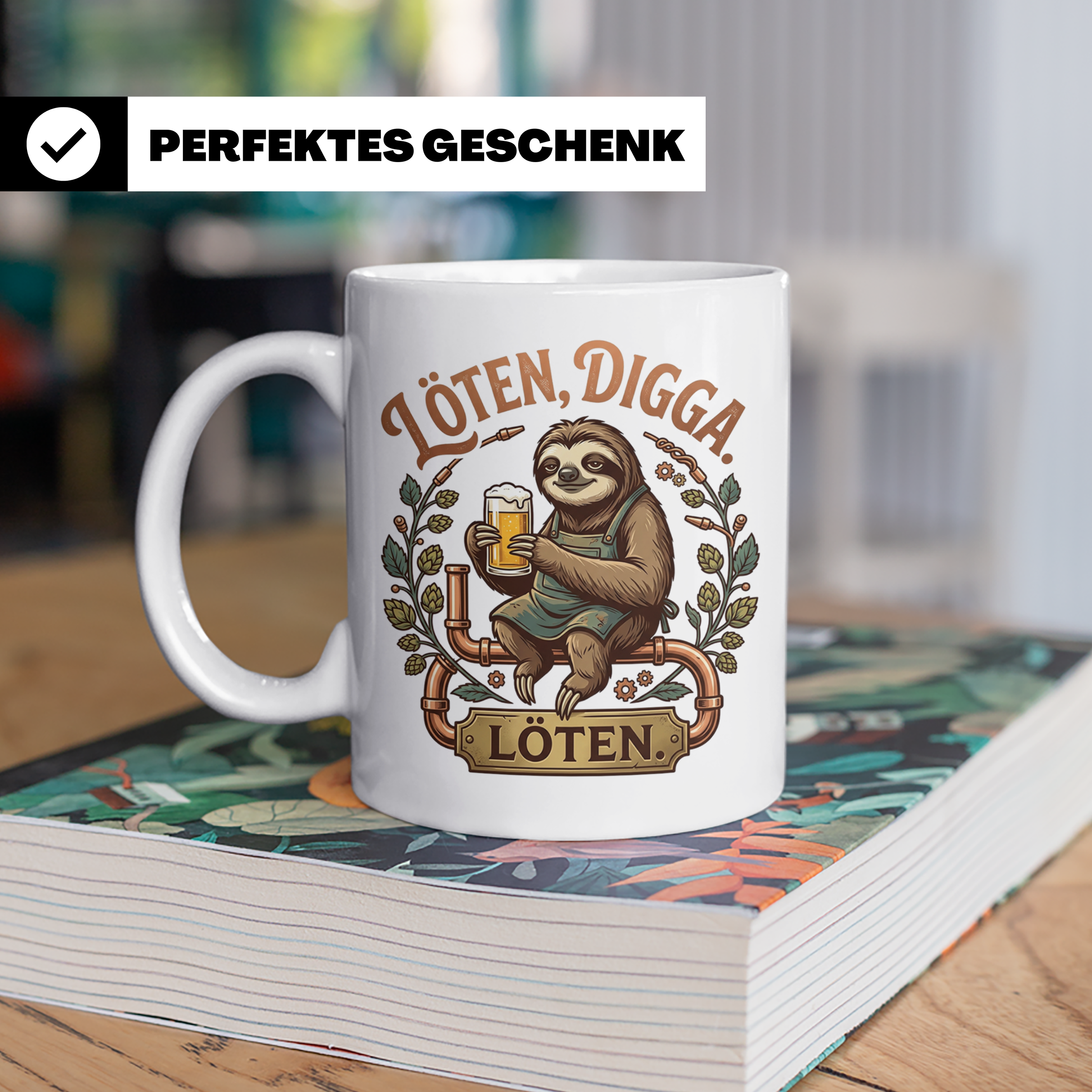 Löten Digga Tasse mit Faultier & Bier, lustiger Spruch für H – Weiß [farbe:weiß]