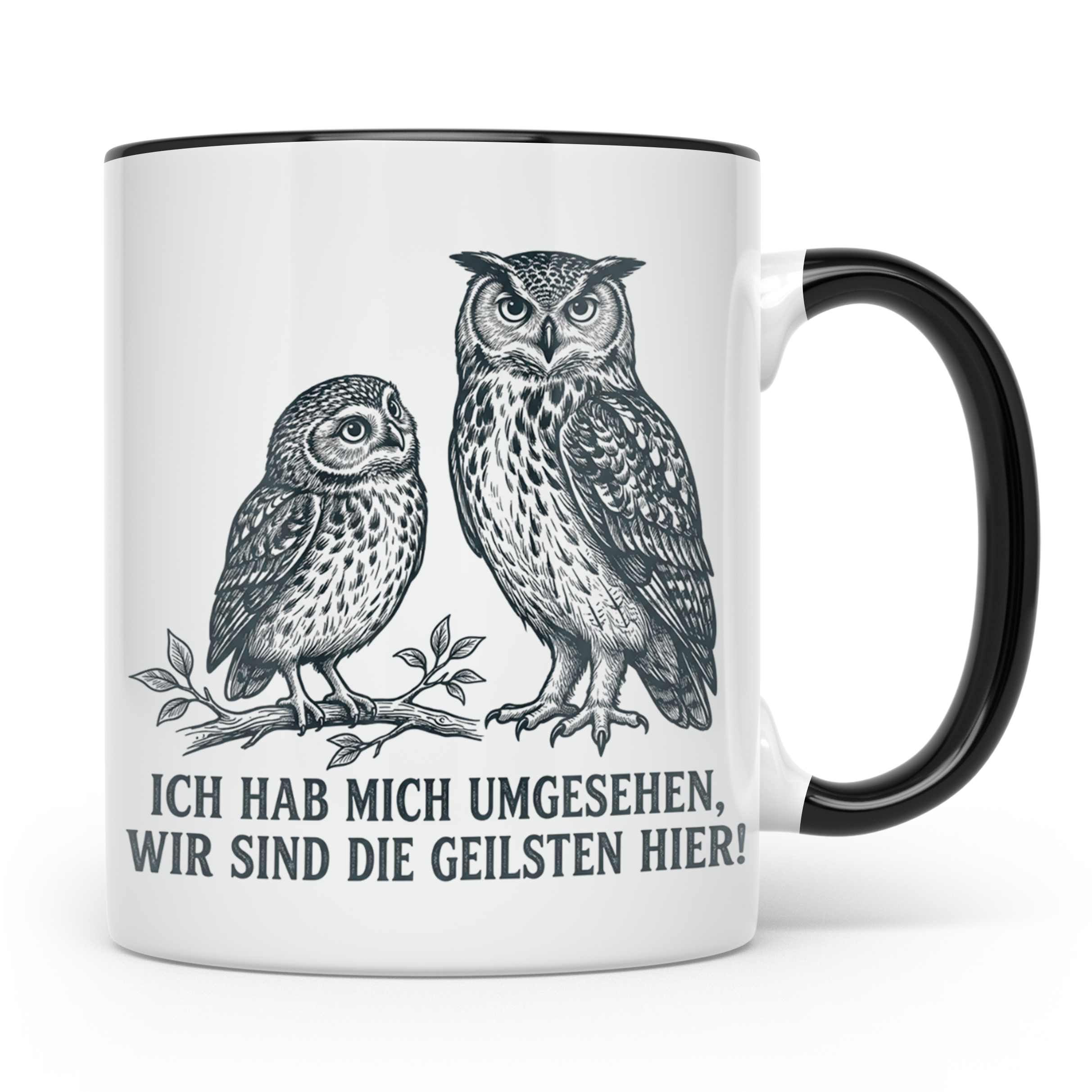 Eulen Tasse mit Spruch 'Wir sind die Geilsten hier', lustige – Schwarz [farbe:schwarz]