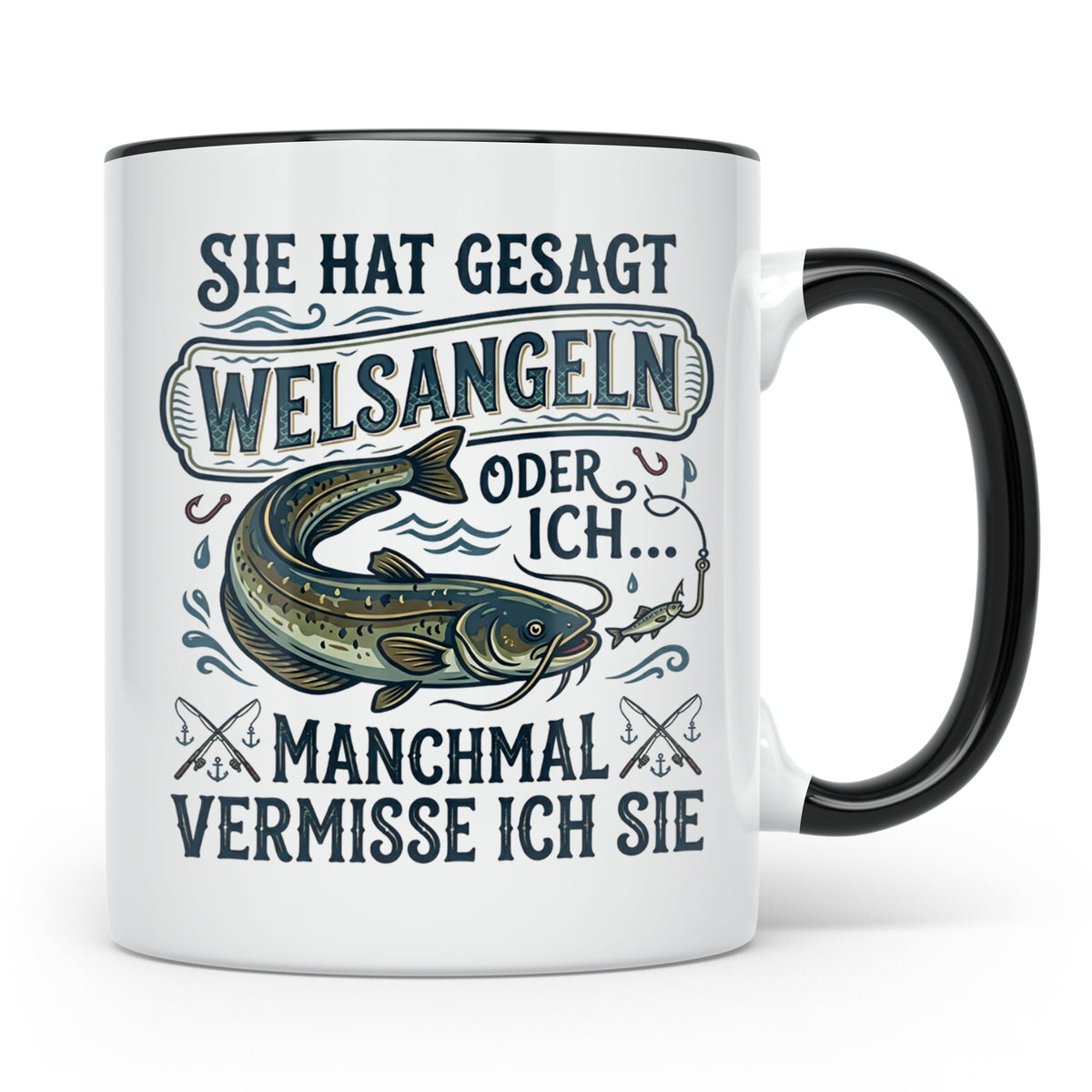Welsangeln Tasse mit Spruch | Lustiges Angler Geschenk für F – Schwarz [farbe:schwarz]