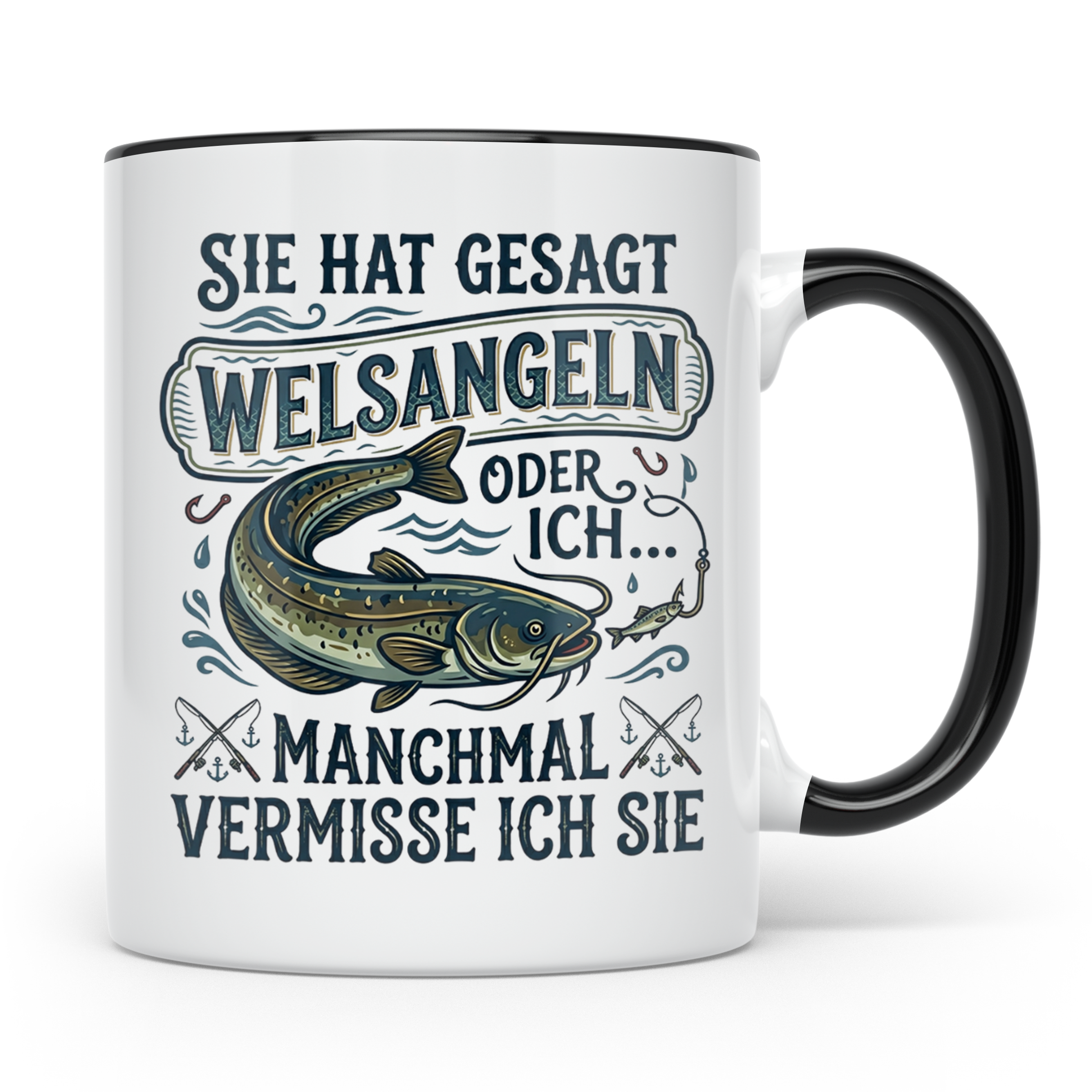 Welsangeln Tasse mit Spruch | Lustiges Angler Geschenk für F – Schwarz [farbe:schwarz]