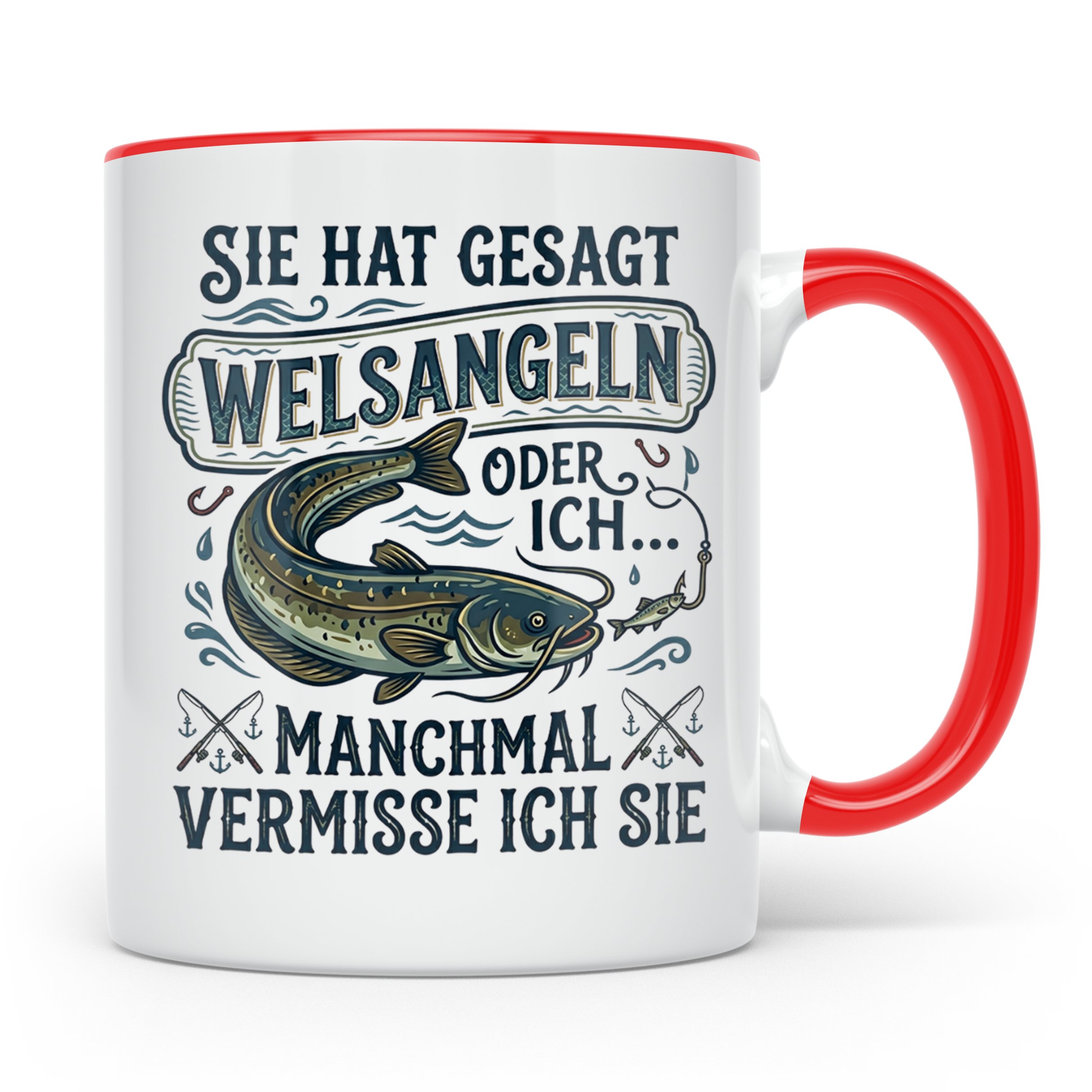 Welsangeln Tasse mit Spruch | Lustiges Angler Geschenk für F – Rot [farbe:rot]