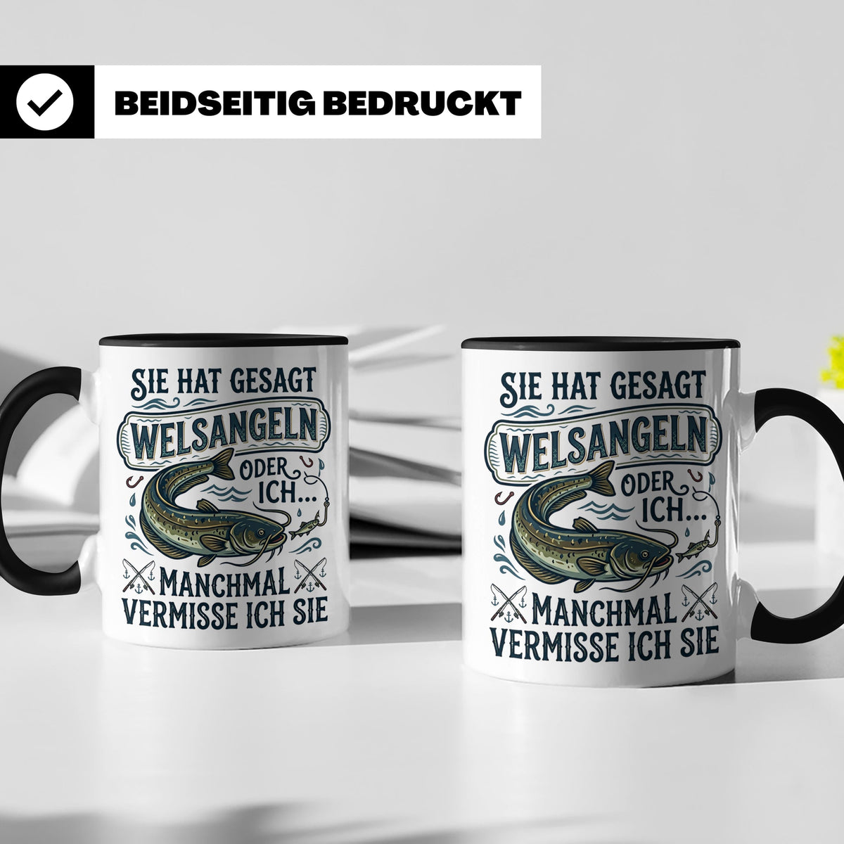 Welsangeln Tasse mit Spruch | Lustiges Angler Geschenk für F – Schwarz [farbe:schwarz]
