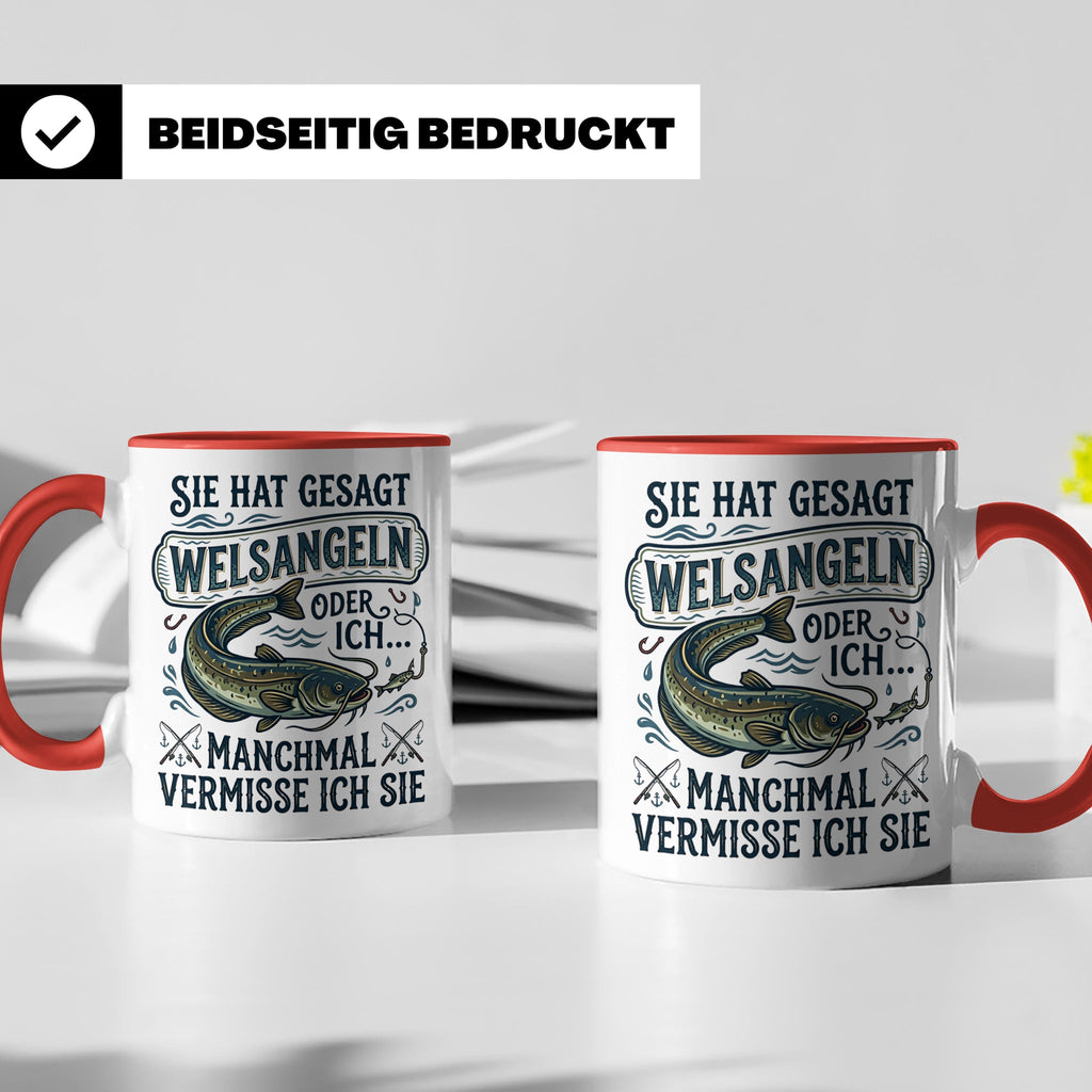 Welsangeln Tasse mit Spruch | Lustiges Angler Geschenk für F – Rot [farbe:rot]