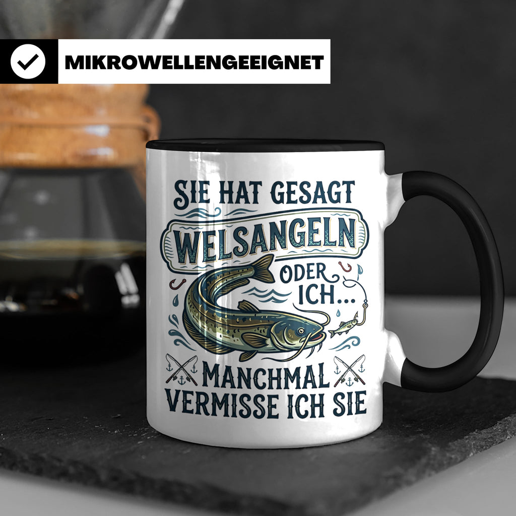 Welsangeln Tasse mit Spruch | Lustiges Angler Geschenk für F – Schwarz [farbe:schwarz]