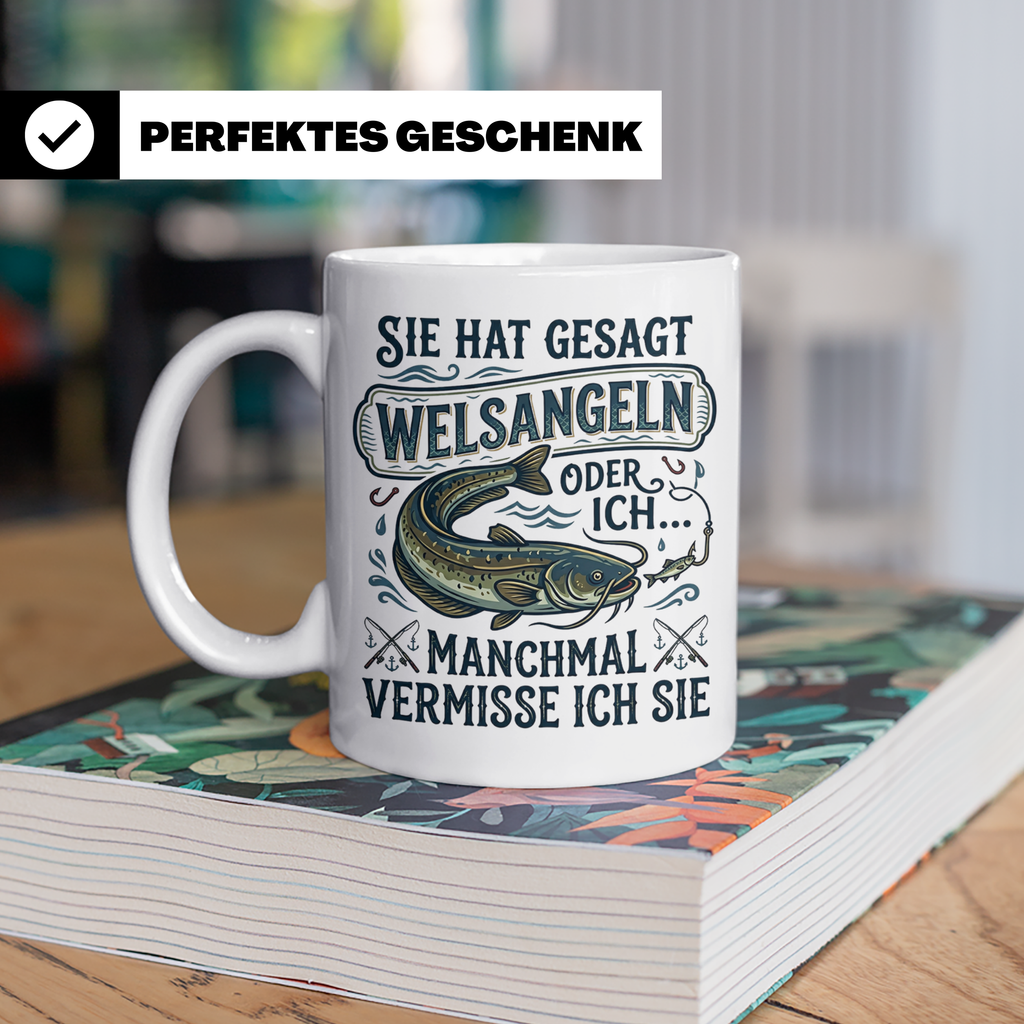 Welsangeln Tasse mit Spruch | Lustiges Angler Geschenk für F – Weiß [farbe:weiß]