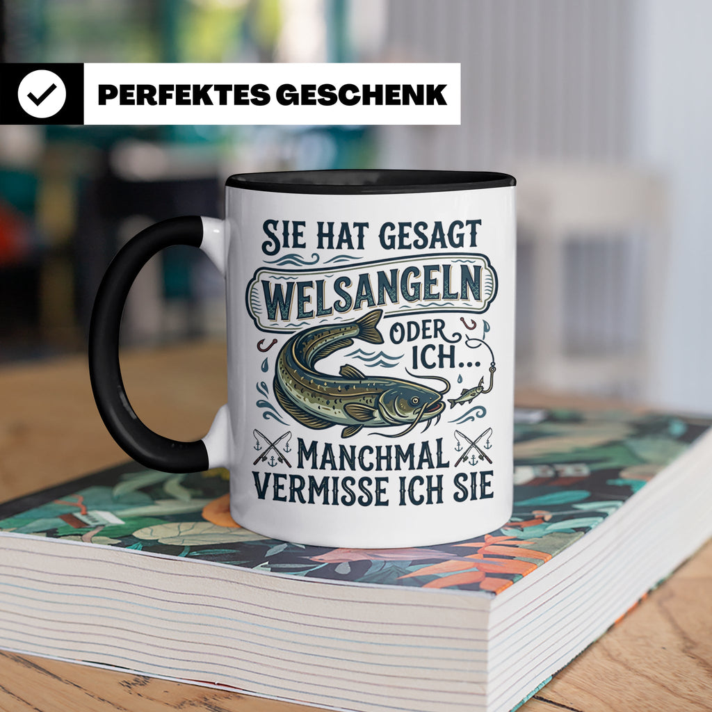 Welsangeln Tasse mit Spruch | Lustiges Angler Geschenk für F – Schwarz [farbe:schwarz]