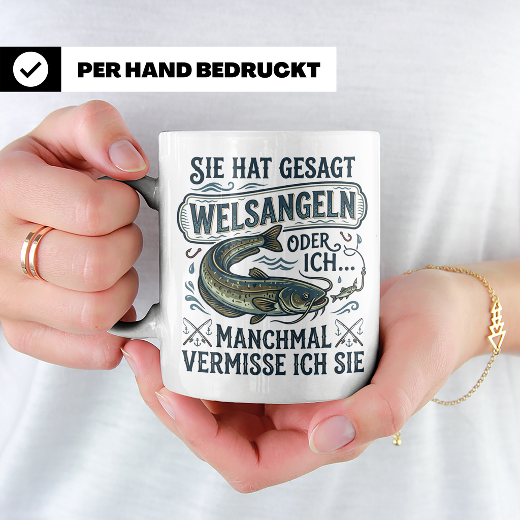 Welsangeln Tasse mit Spruch | Lustiges Angler Geschenk für F – Weiß [farbe:weiß]