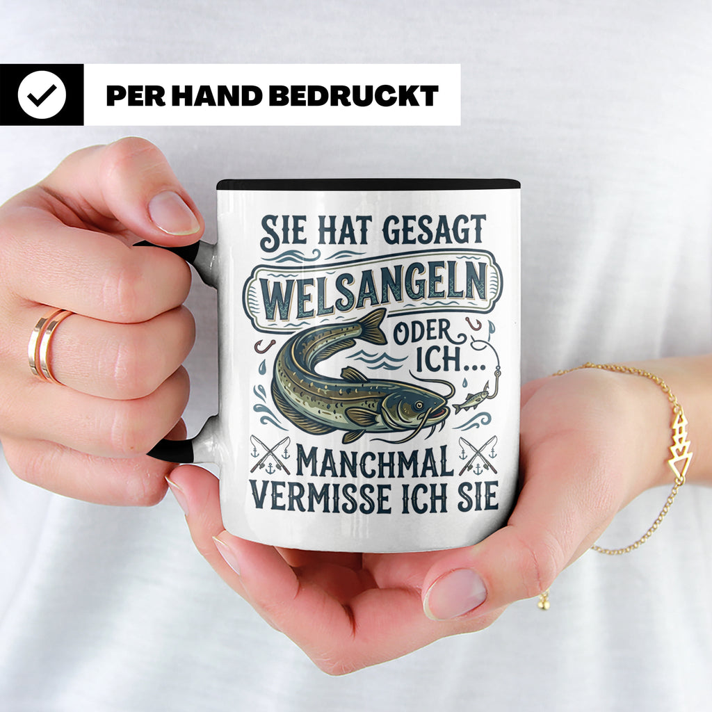 Welsangeln Tasse mit Spruch | Lustiges Angler Geschenk für F – Schwarz [farbe:schwarz]