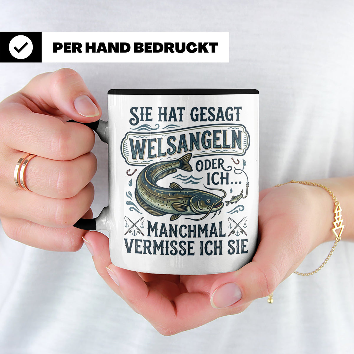 Welsangeln Tasse mit Spruch | Lustiges Angler Geschenk für F – Schwarz [farbe:schwarz]