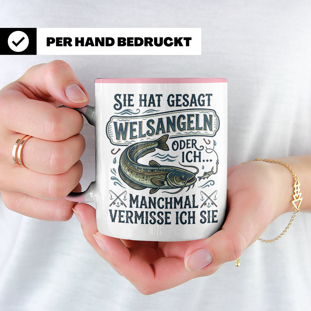 Welsangeln Tasse mit Spruch | Lustiges Angler Geschenk für F – Rosa [farbe:rosa]