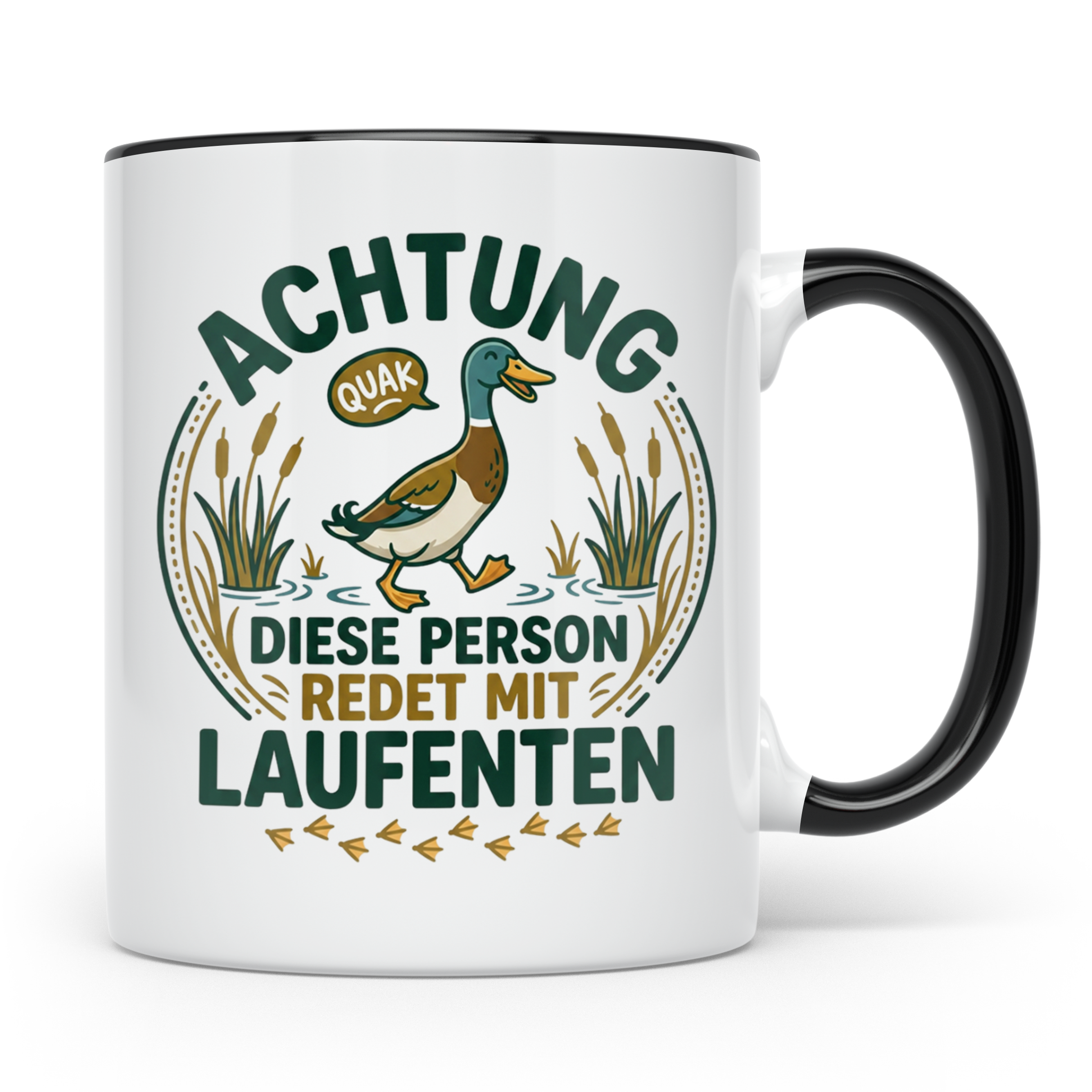 Laufenten Tasse Spruch 'Achtung diese Person redet mit Laufe – Schwarz [farbe:schwarz]
