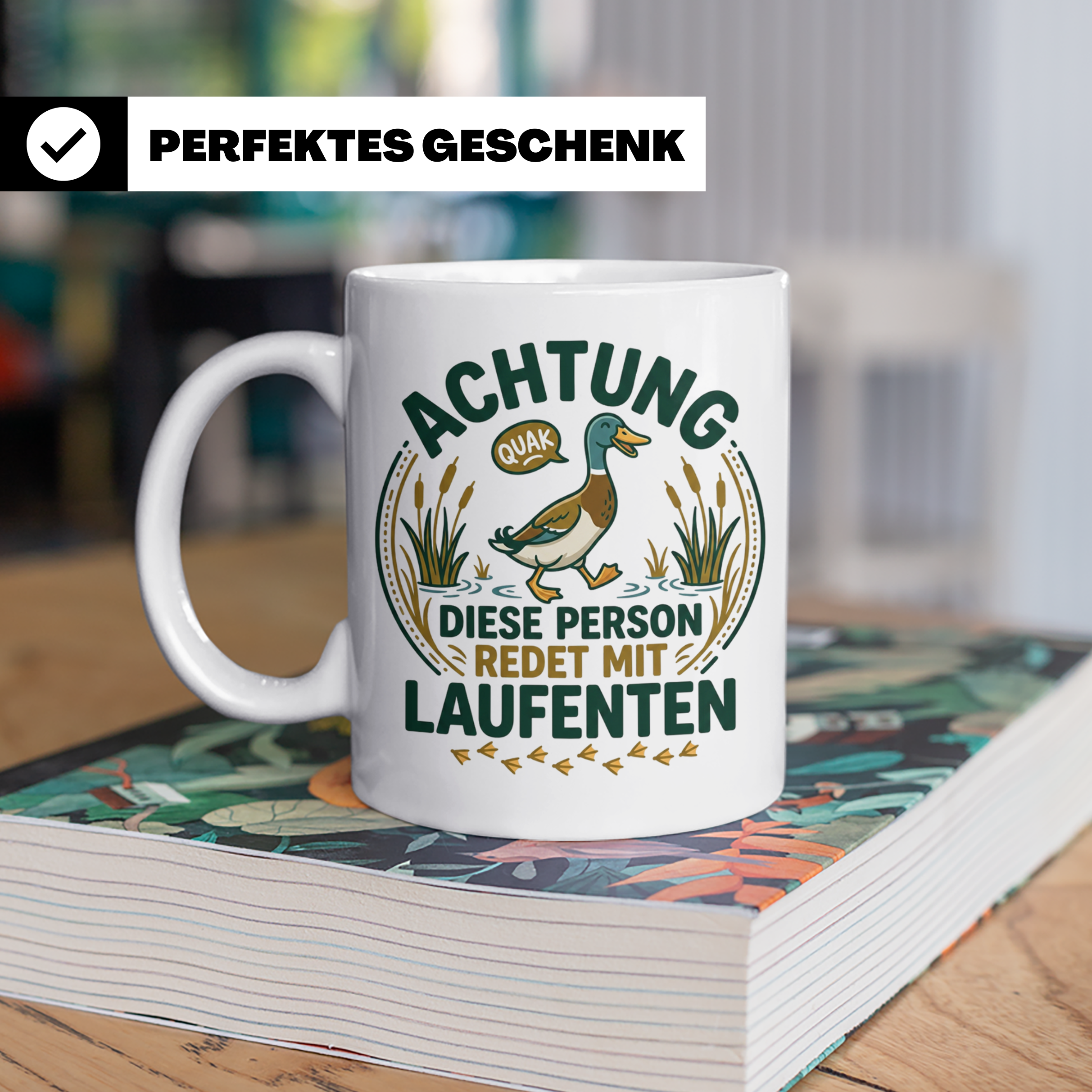 Laufenten Tasse Spruch 'Achtung diese Person redet mit Laufe – Weiß [farbe:weiß]