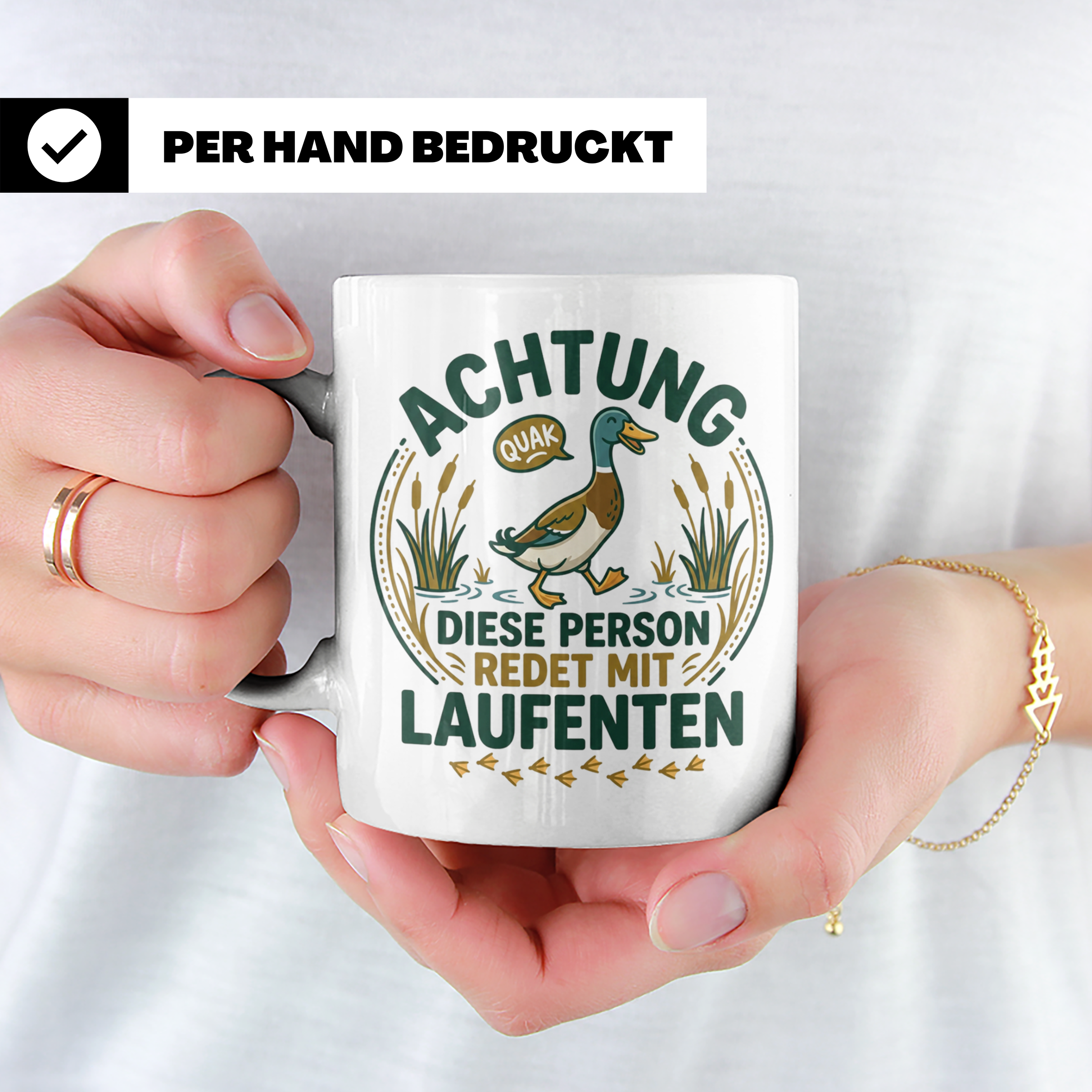 Laufenten Tasse Spruch 'Achtung diese Person redet mit Laufe – Weiß [farbe:weiß]