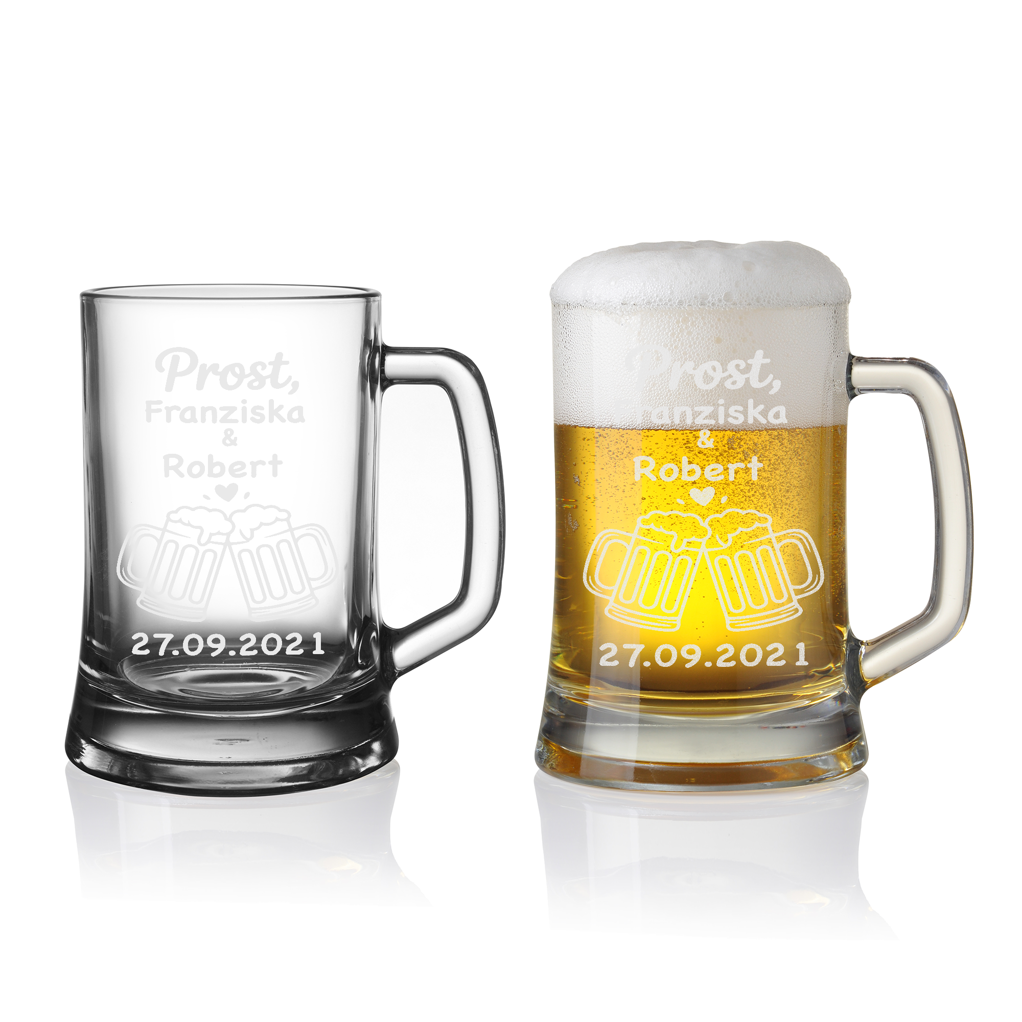 Personalisierter Bierkrug Glas mit Gravur – Prost Motiv, Geschenkidee Hochzeit, Pärchen, Freunde, Jahrestag, Party, Männer & Frauen