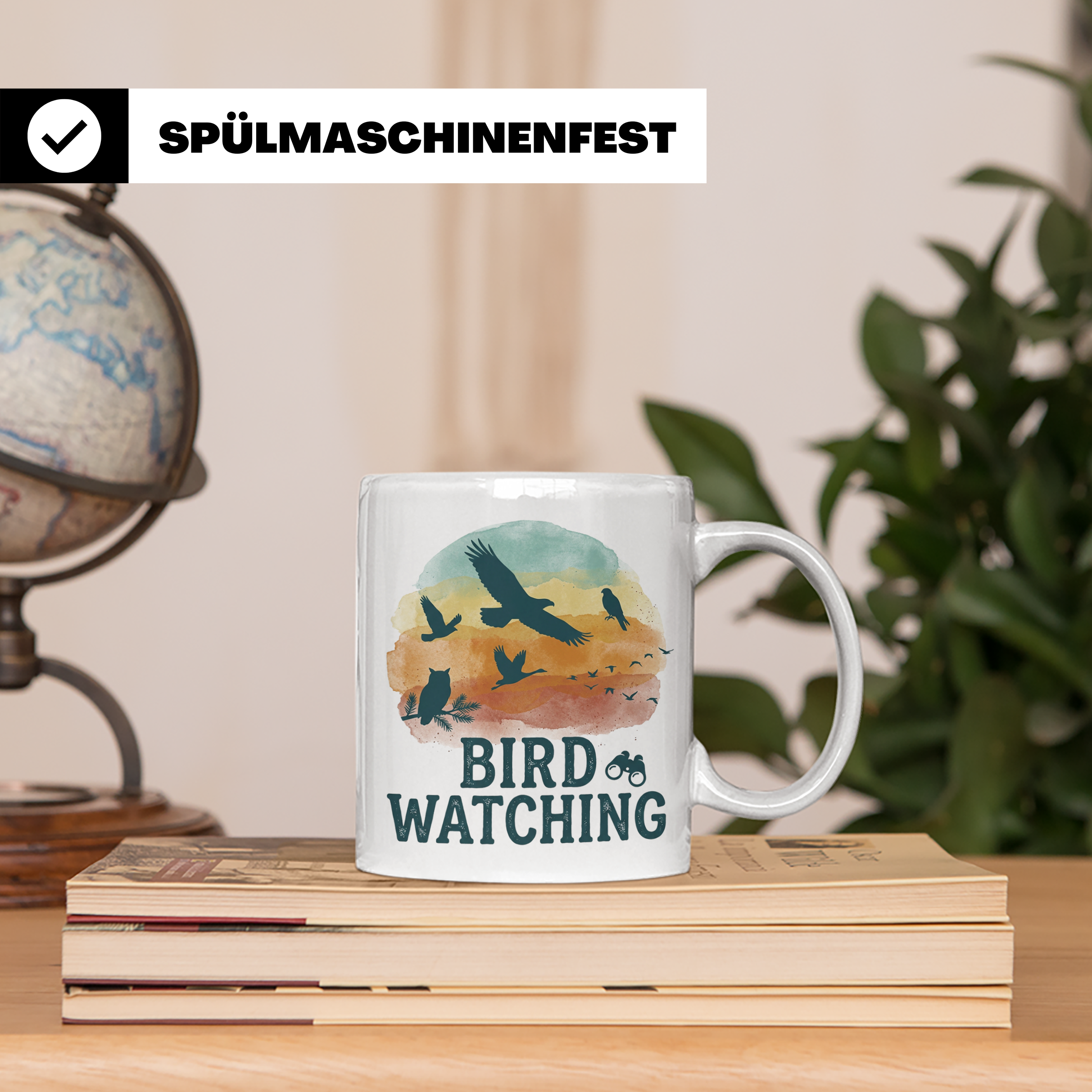 Vogelbeobachtung Tasse mit Fernglas, Geschenk für Ornitholog – Weiß [farbe:weiß]