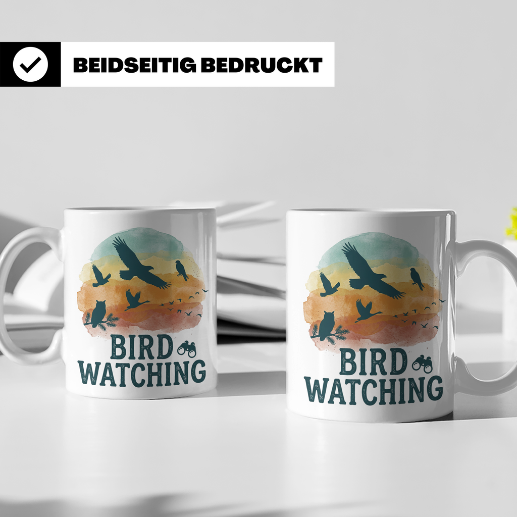 Vogelbeobachtung Tasse mit Fernglas, Geschenk für Ornitholog – Weiß [farbe:weiß]