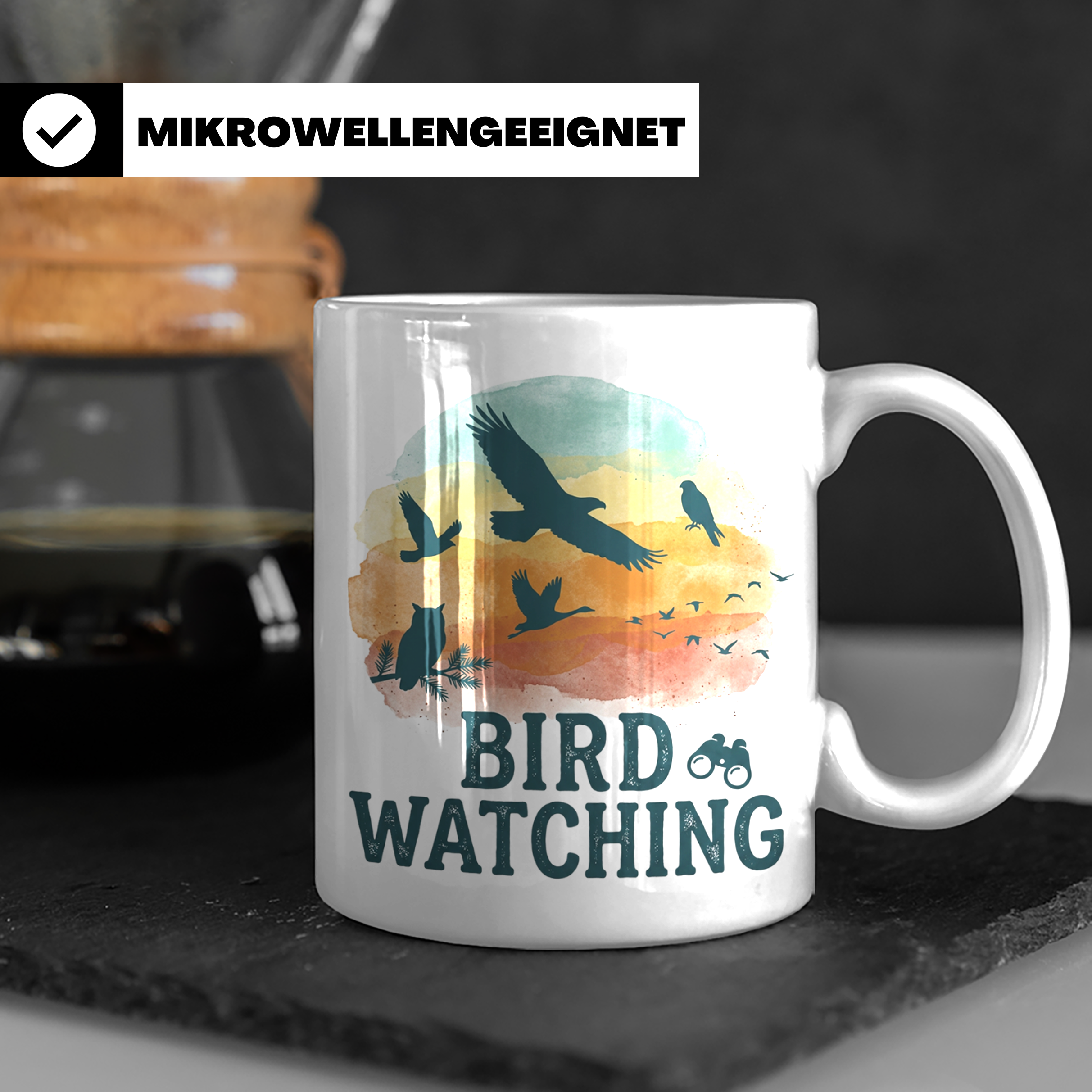 Vogelbeobachtung Tasse mit Fernglas, Geschenk für Ornitholog – Weiß [farbe:weiß]