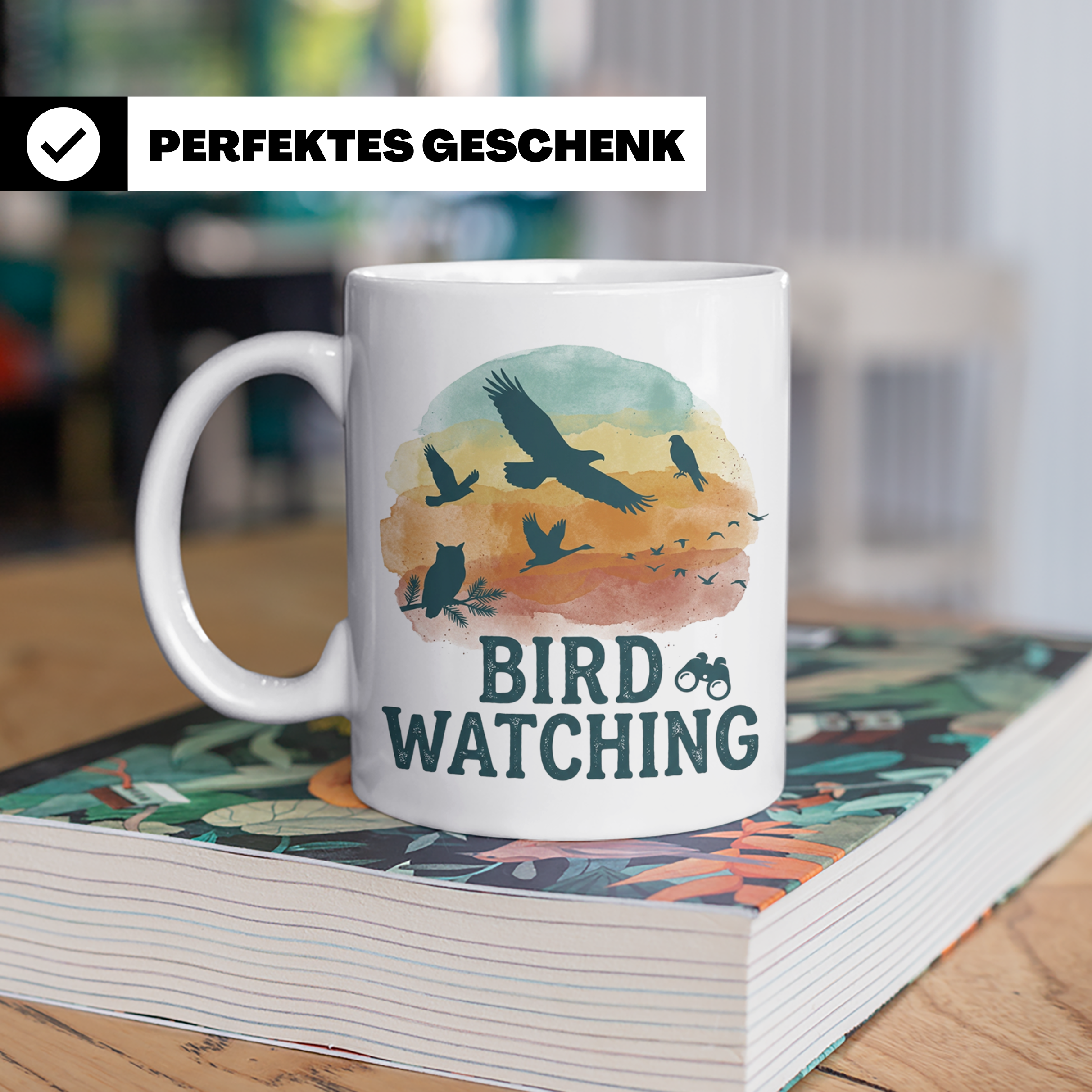 Vogelbeobachtung Tasse mit Fernglas, Geschenk für Ornitholog – Weiß [farbe:weiß]