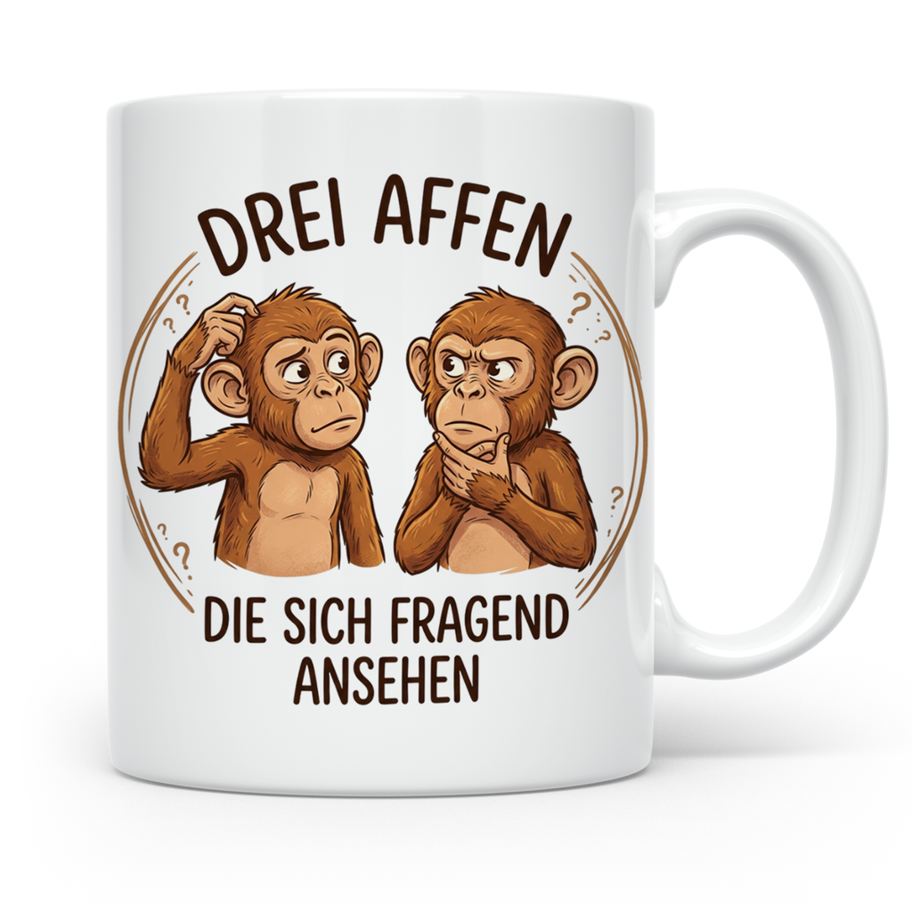 Drei Affen Tasse lustig mit fragendem Blick, Kaffeetasse für – Weiß [farbe:weiß]