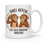 Drei Affen Tasse lustig mit fragendem Blick, Kaffeetasse für – Weiß [farbe:weiß]