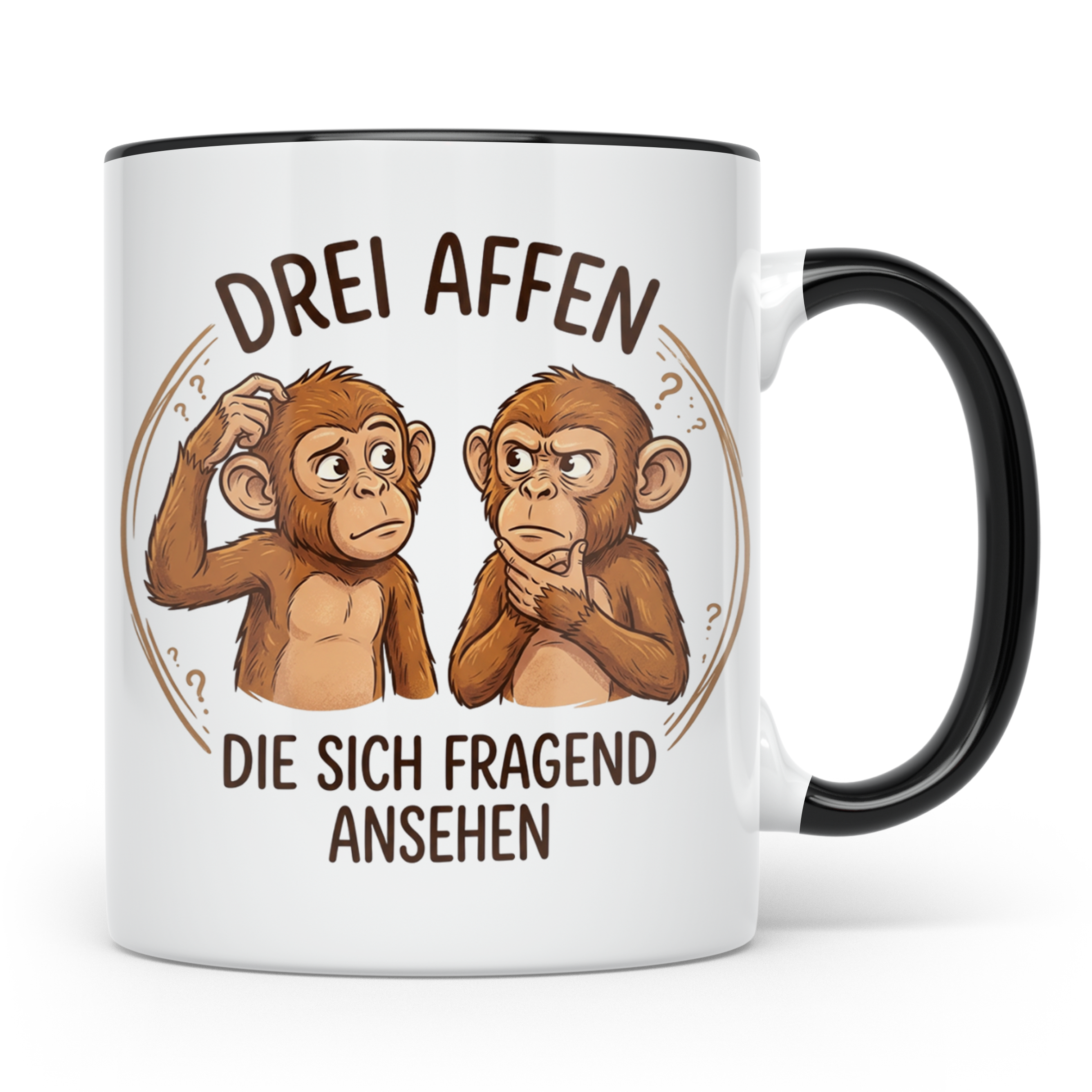 Drei Affen Tasse lustig mit fragendem Blick, Kaffeetasse für – Schwarz [farbe:schwarz]