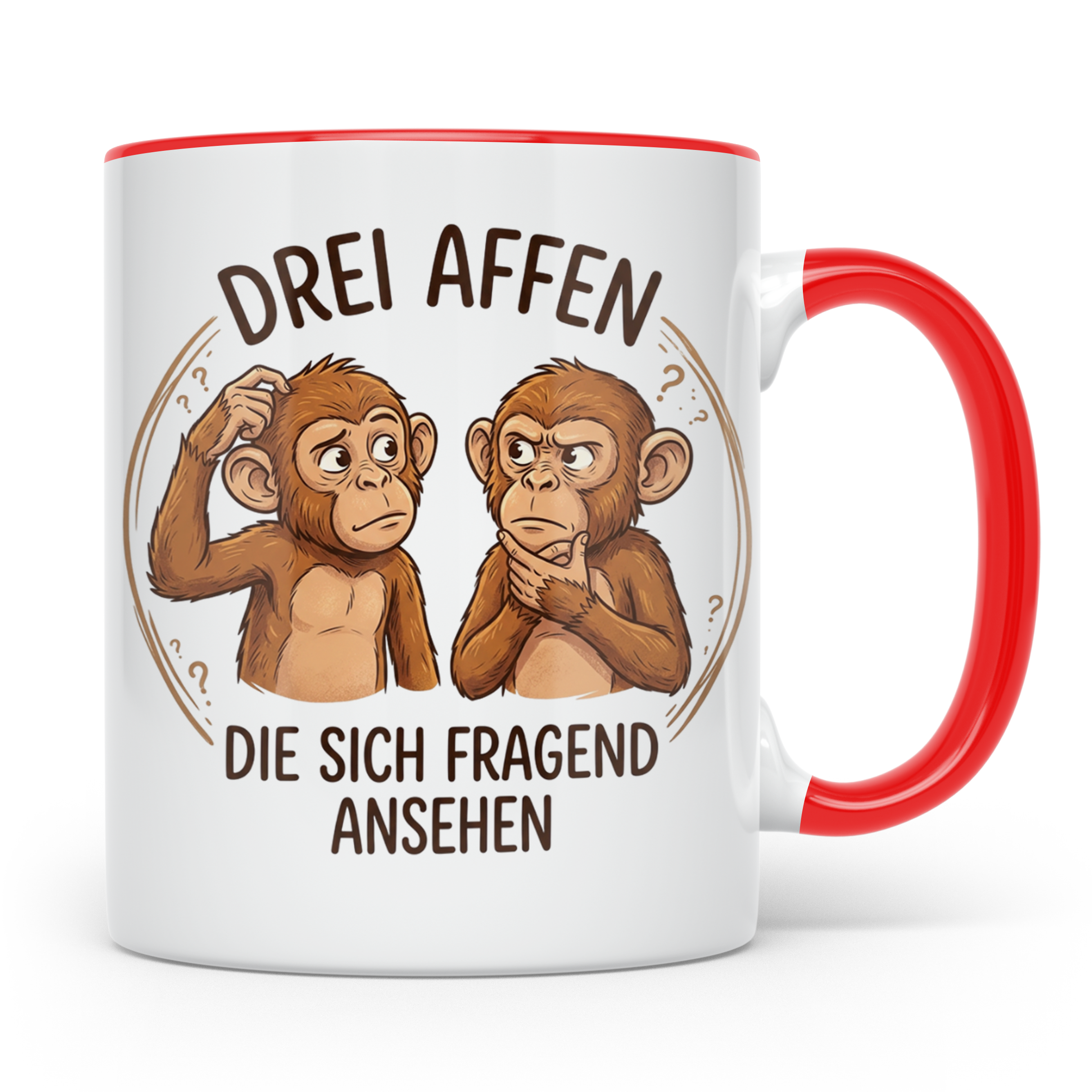 Drei Affen Tasse lustig mit fragendem Blick, Kaffeetasse für – Rot [farbe:rot]