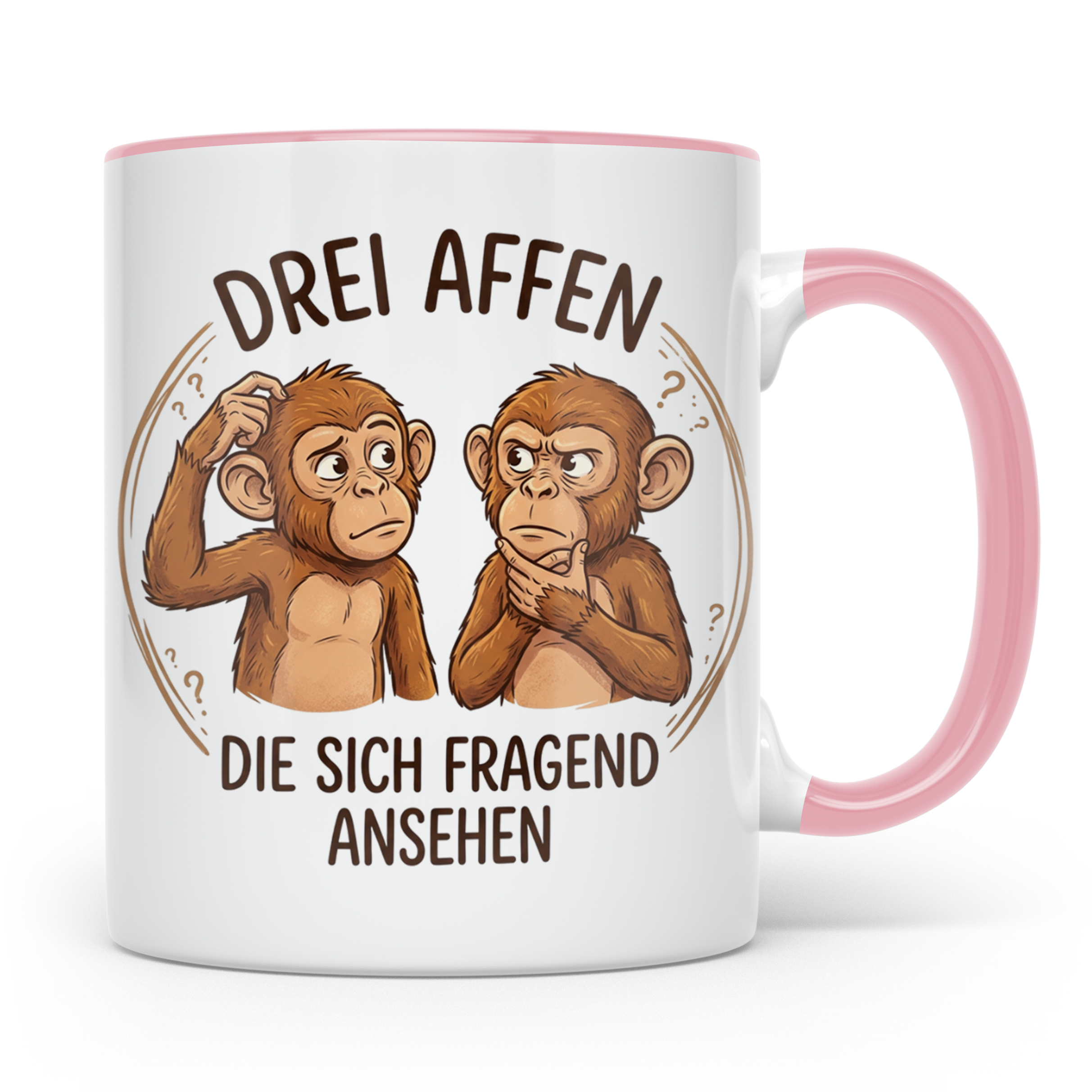 Drei Affen Tasse lustig mit fragendem Blick, Kaffeetasse für – Rosa [farbe:rosa]