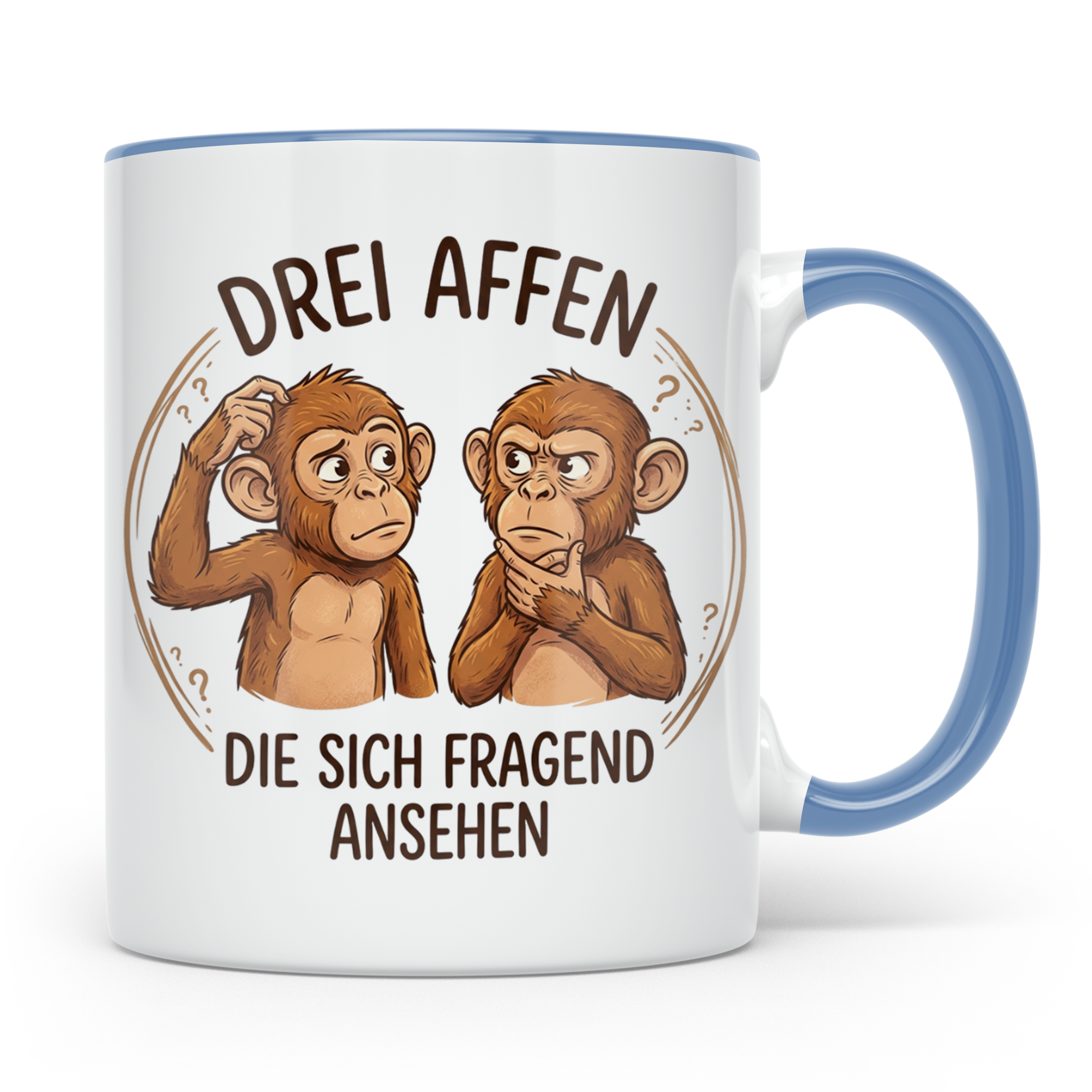 Drei Affen Tasse lustig mit fragendem Blick, Kaffeetasse für – Blau [farbe:blau]