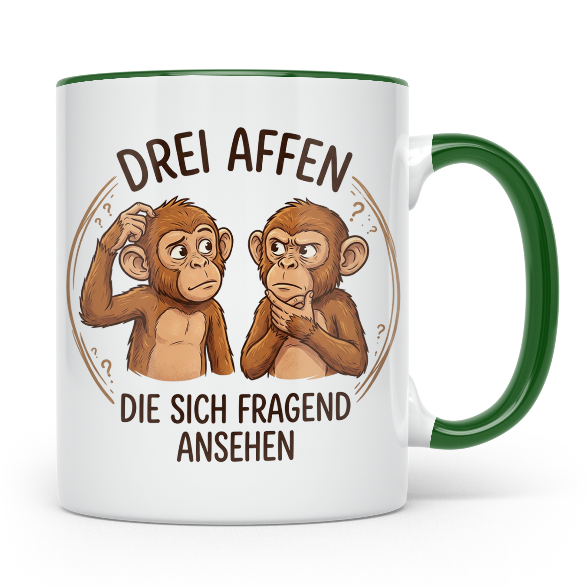 Drei Affen Tasse lustig mit fragendem Blick, Kaffeetasse für – Grün [farbe:grün]