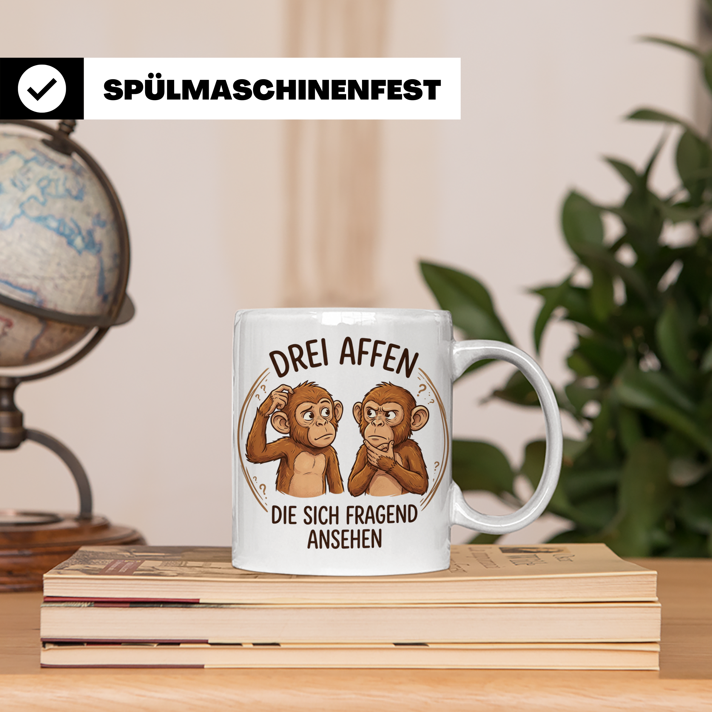 Drei Affen Tasse lustig mit fragendem Blick, Kaffeetasse für – Weiß [farbe:weiß]