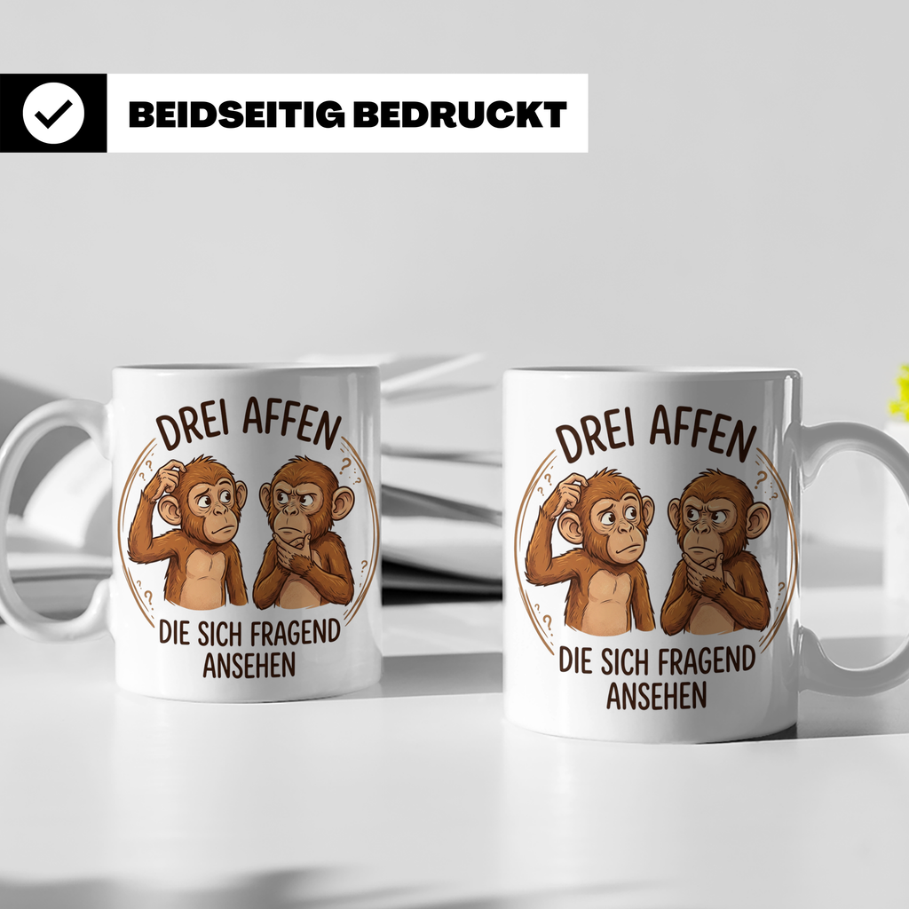 Drei Affen Tasse lustig mit fragendem Blick, Kaffeetasse für – Weiß [farbe:weiß]