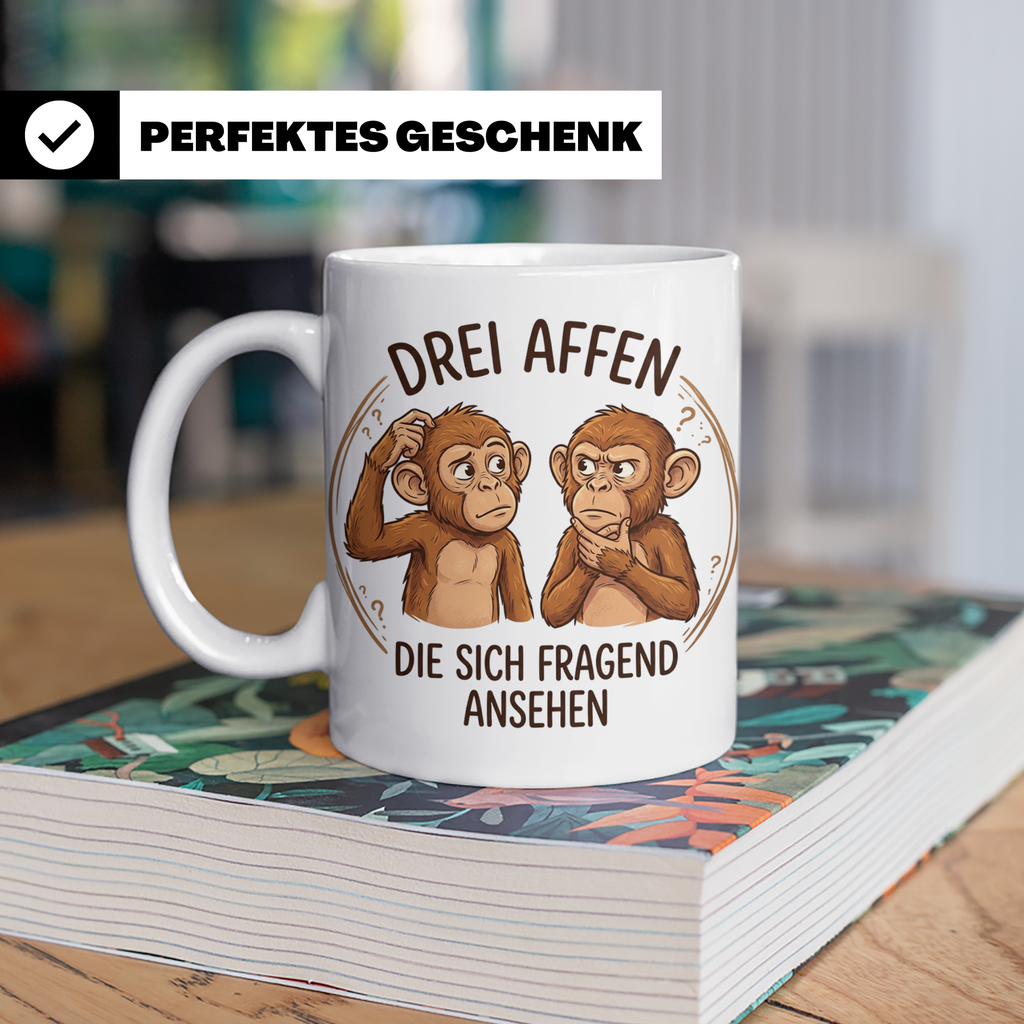 Drei Affen Tasse lustig mit fragendem Blick, Kaffeetasse für – Weiß [farbe:weiß]