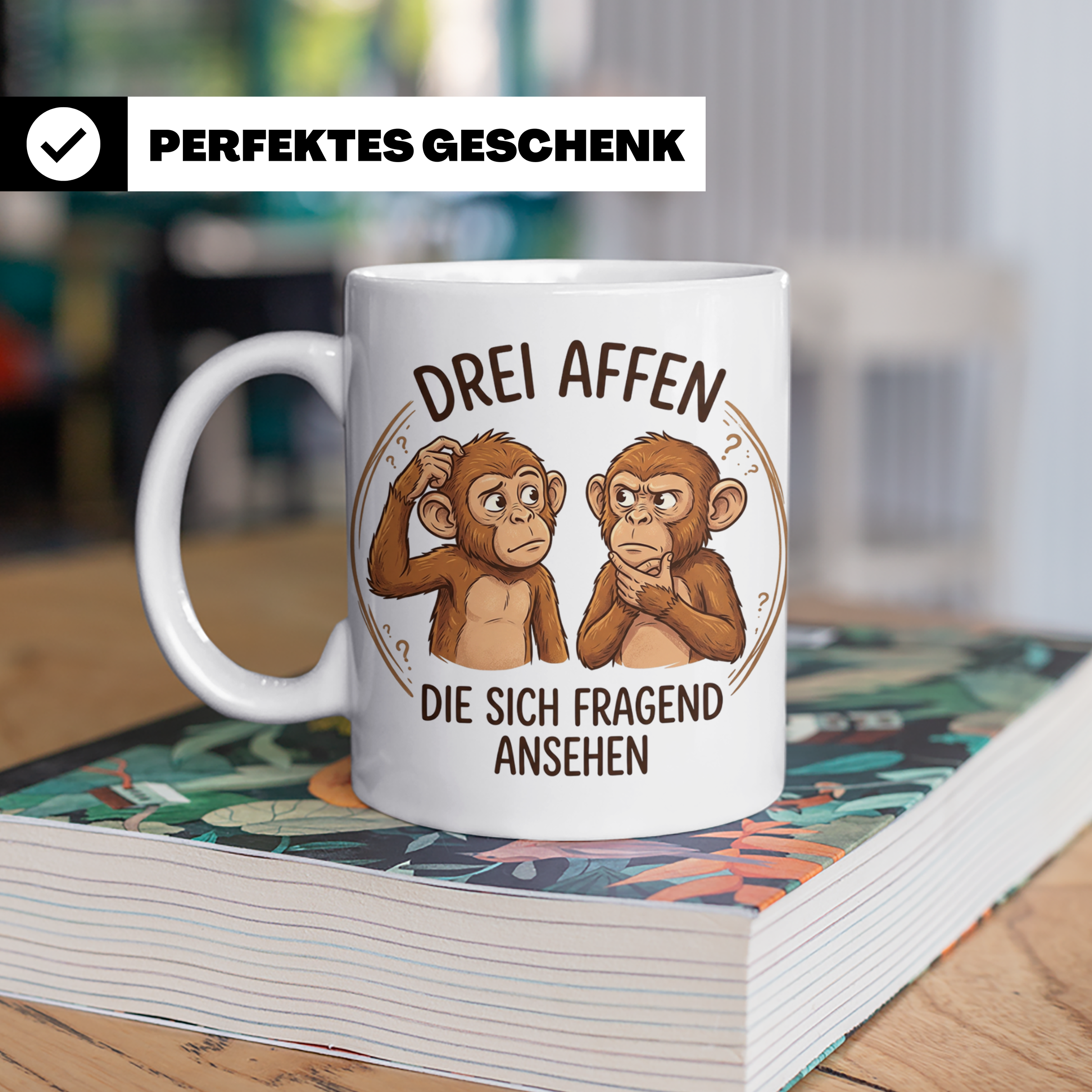 Drei Affen Tasse lustig mit fragendem Blick, Kaffeetasse für – Weiß [farbe:weiß]