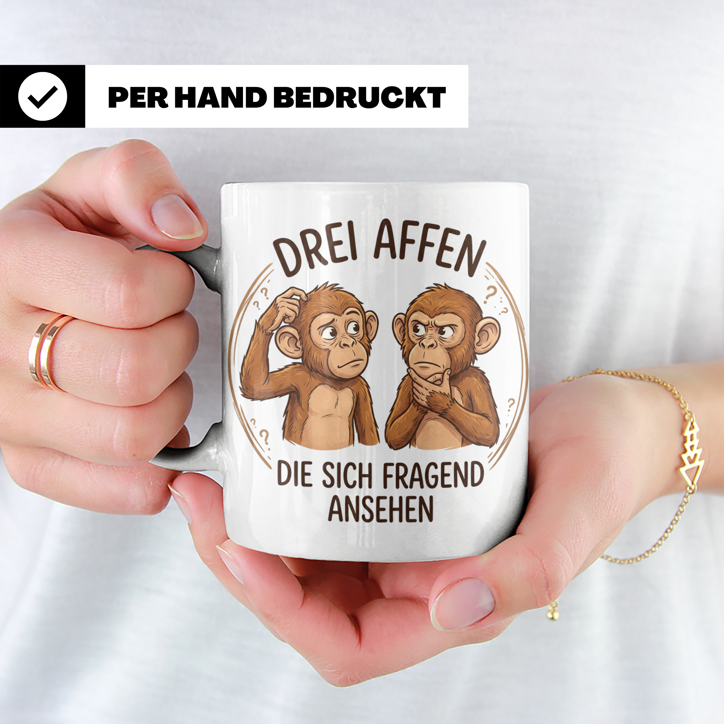 Drei Affen Tasse lustig mit fragendem Blick, Kaffeetasse für – Weiß [farbe:weiß]