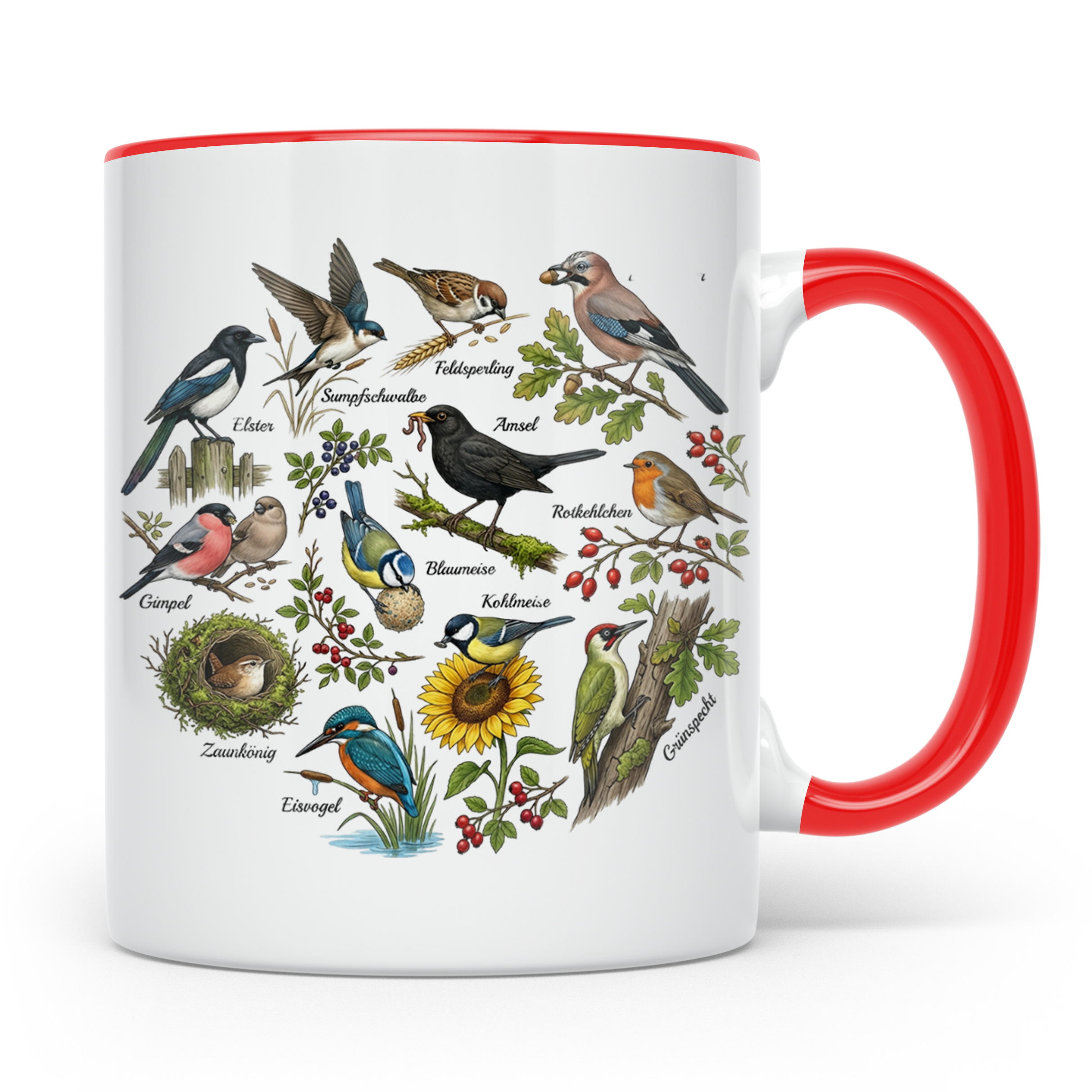 Heimische Vögel Tasse für Ornithologen & Vogelbeobachter. Ka – Rot [farbe:rot]