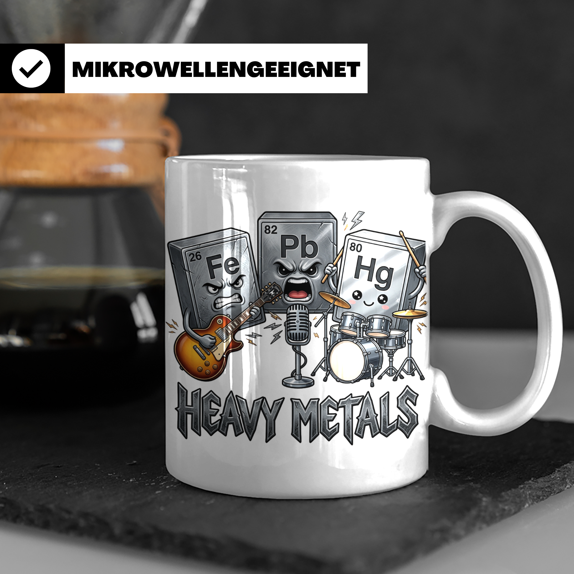 Heavy Metals Tasse Lustiges Chemie Periodensystem Wortspiel  – Weiß [farbe:weiß]