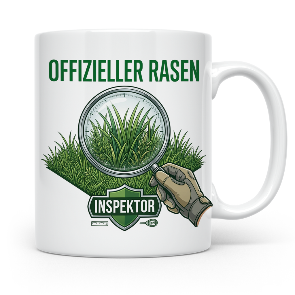 Rasen Inspektor Tasse mit Spruch für Gärtner & Rasenpapst. L – Weiß [farbe:weiß]