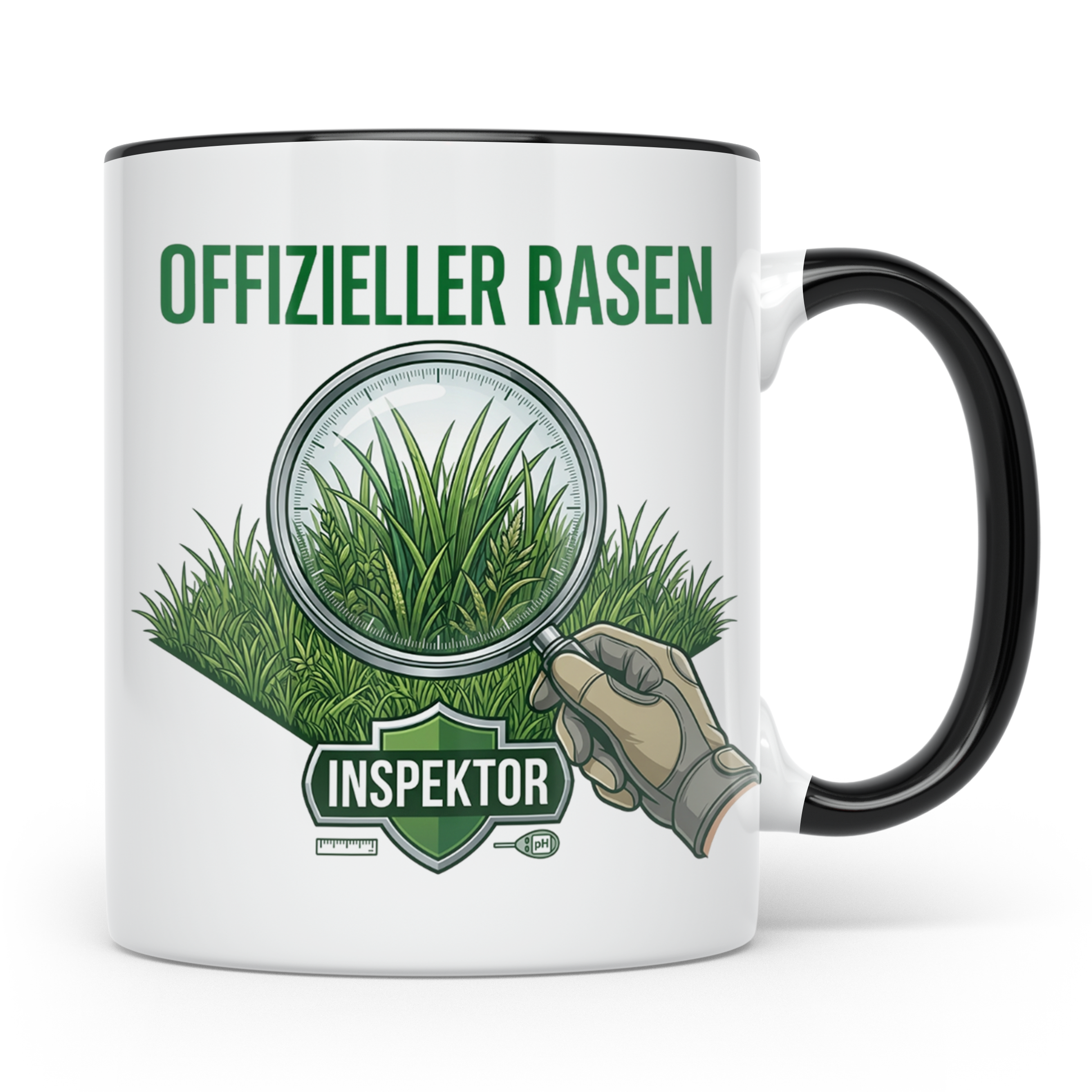 Rasen Inspektor Tasse mit Spruch für Gärtner & Rasenpapst. L – Schwarz [farbe:schwarz]