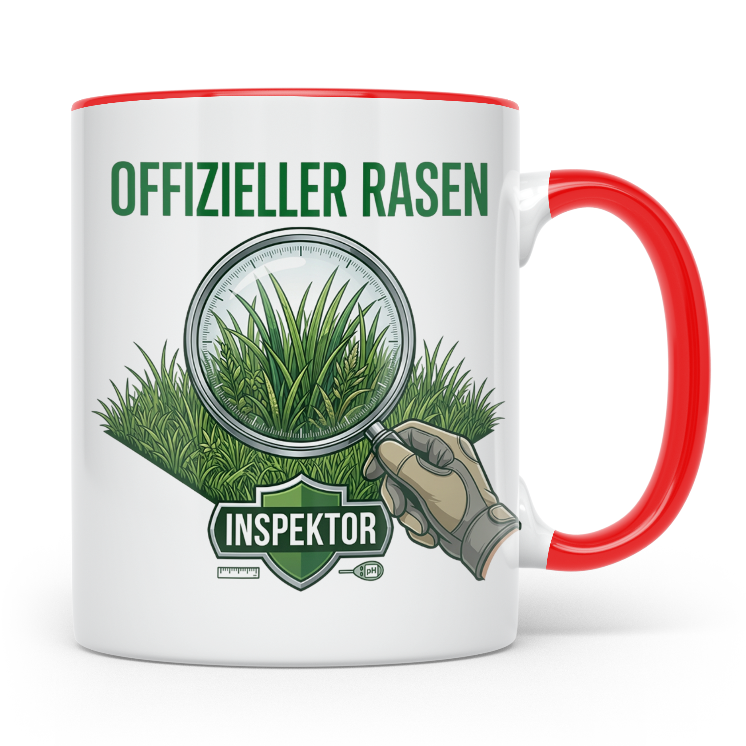 Rasen Inspektor Tasse mit Spruch für Gärtner & Rasenpapst. L – Rot [farbe:rot]