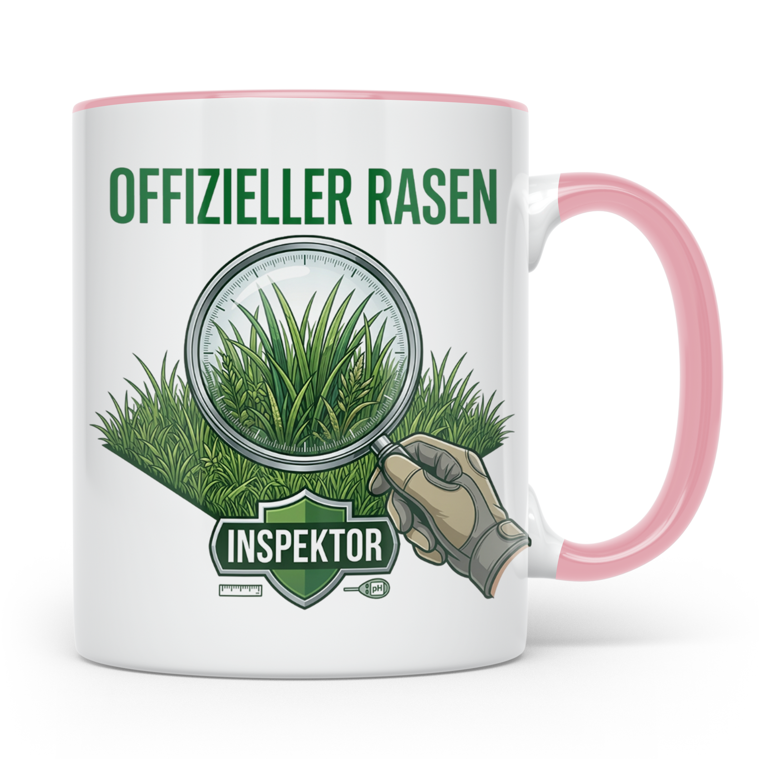 Rasen Inspektor Tasse mit Spruch für Gärtner & Rasenpapst. L – Rosa [farbe:rosa]