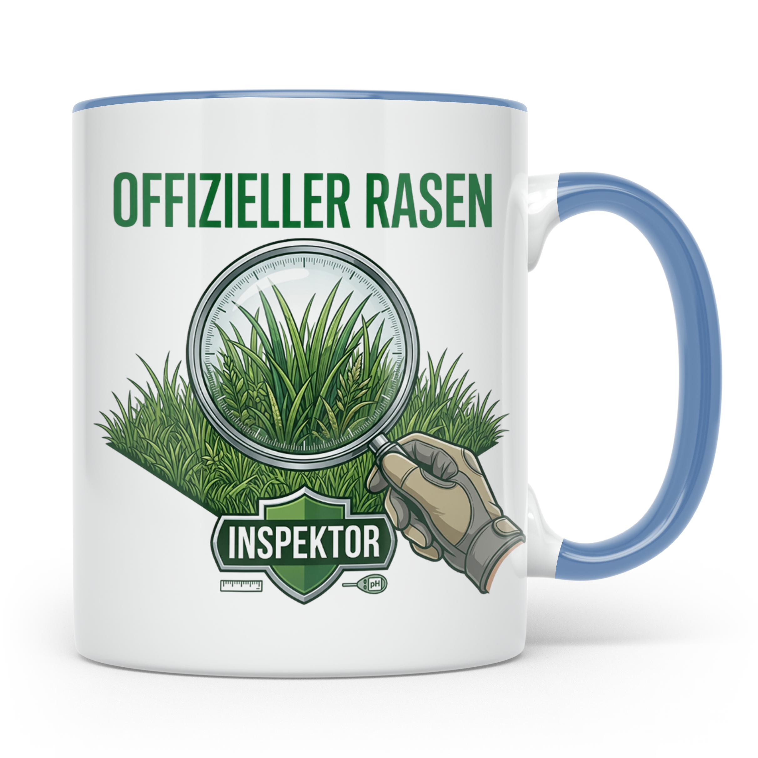 Rasen Inspektor Tasse mit Spruch für Gärtner & Rasenpapst. L – Blau [farbe:blau]