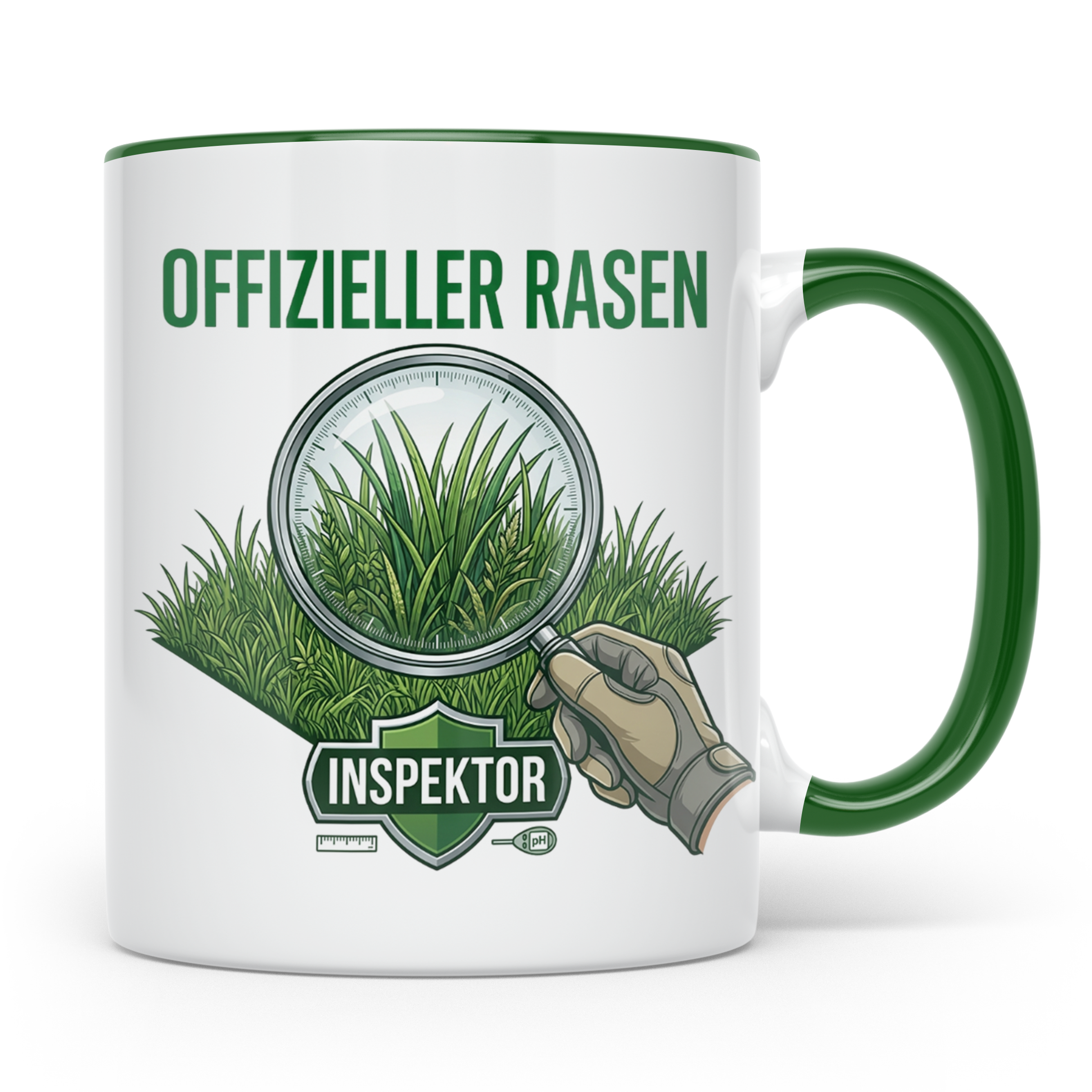 Rasen Inspektor Tasse mit Spruch für Gärtner & Rasenpapst. L – Grün [farbe:grün]