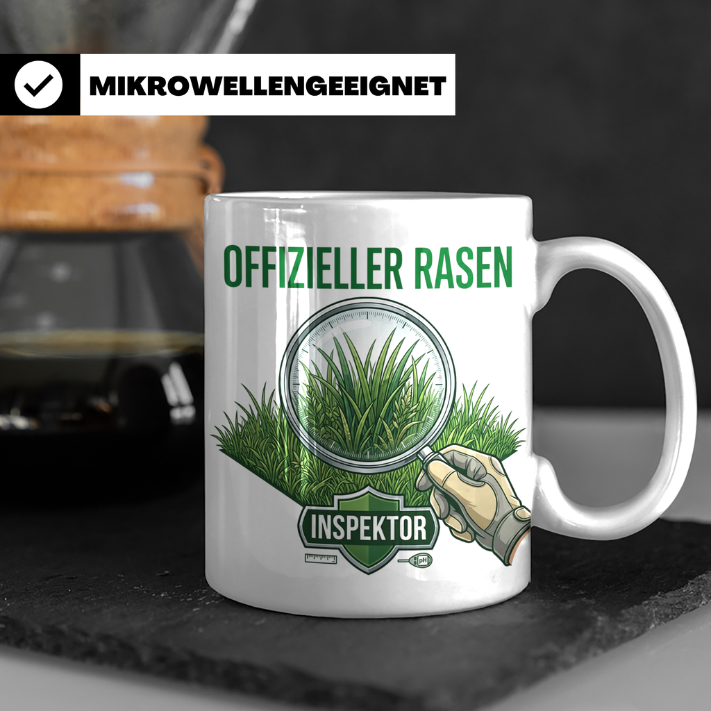 Rasen Inspektor Tasse mit Spruch für Gärtner & Rasenpapst. L – Weiß [farbe:weiß]
