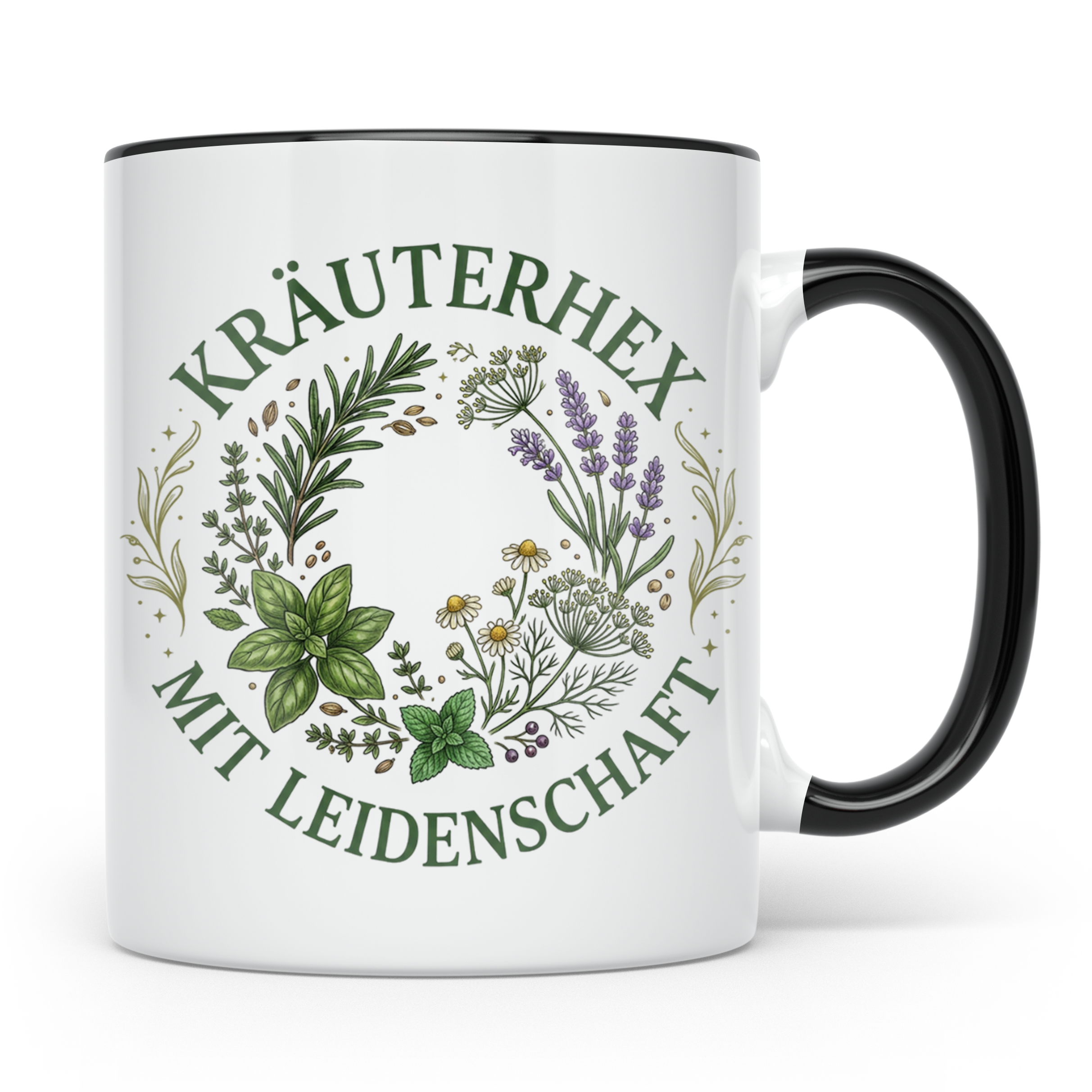 Kräuterhexe Tasse mit Heilkräuter Motiv, Geschenk für Garten – Schwarz [farbe:schwarz]