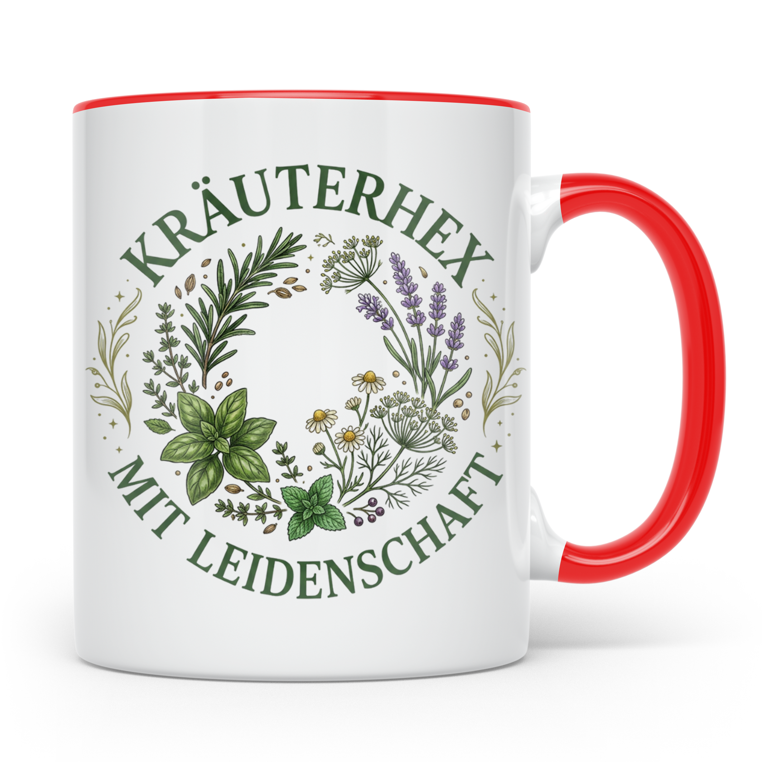 Kräuterhexe Tasse mit Heilkräuter Motiv, Geschenk für Garten – Rot [farbe:rot]