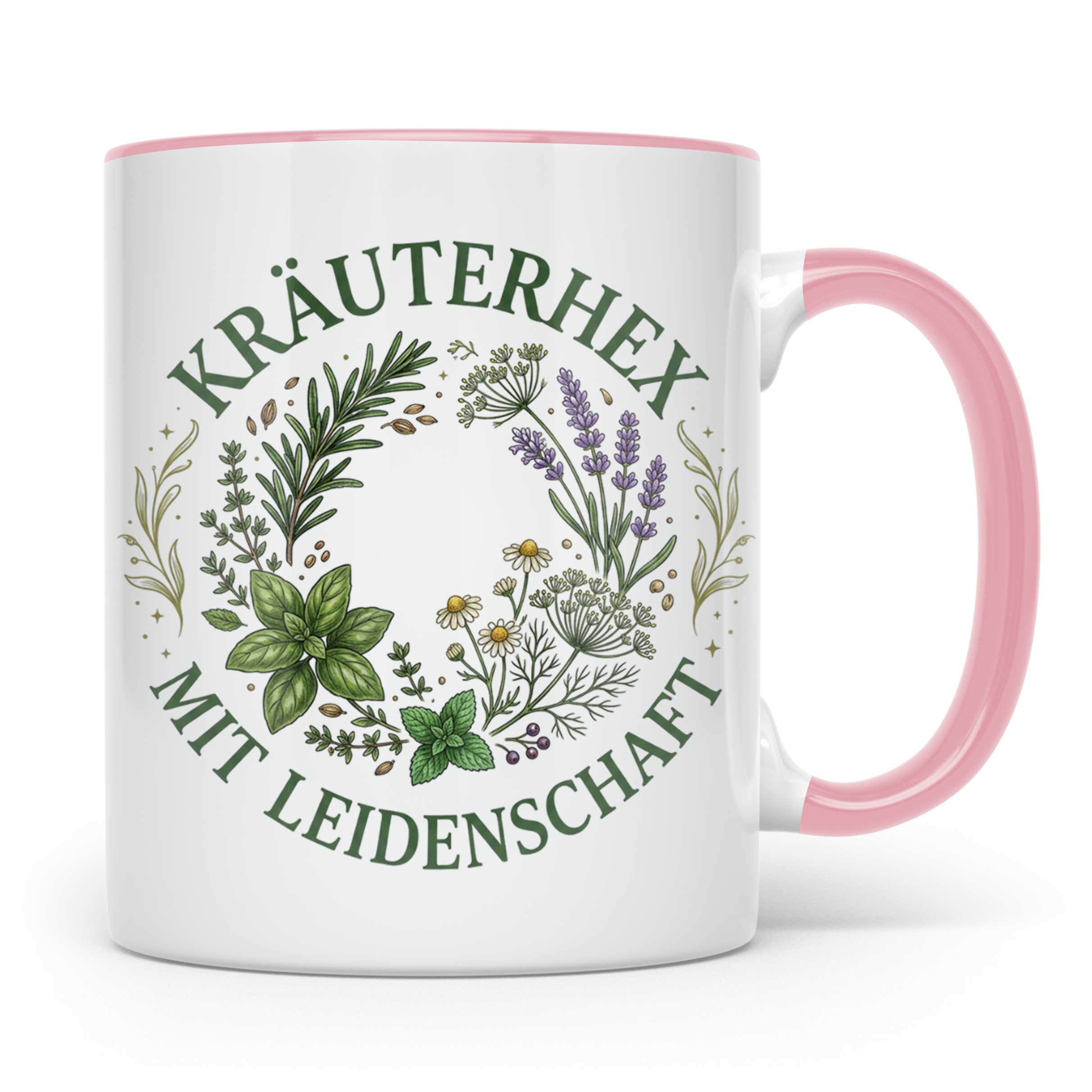 Kräuterhexe Tasse mit Heilkräuter Motiv, Geschenk für Garten – Rosa [farbe:rosa]