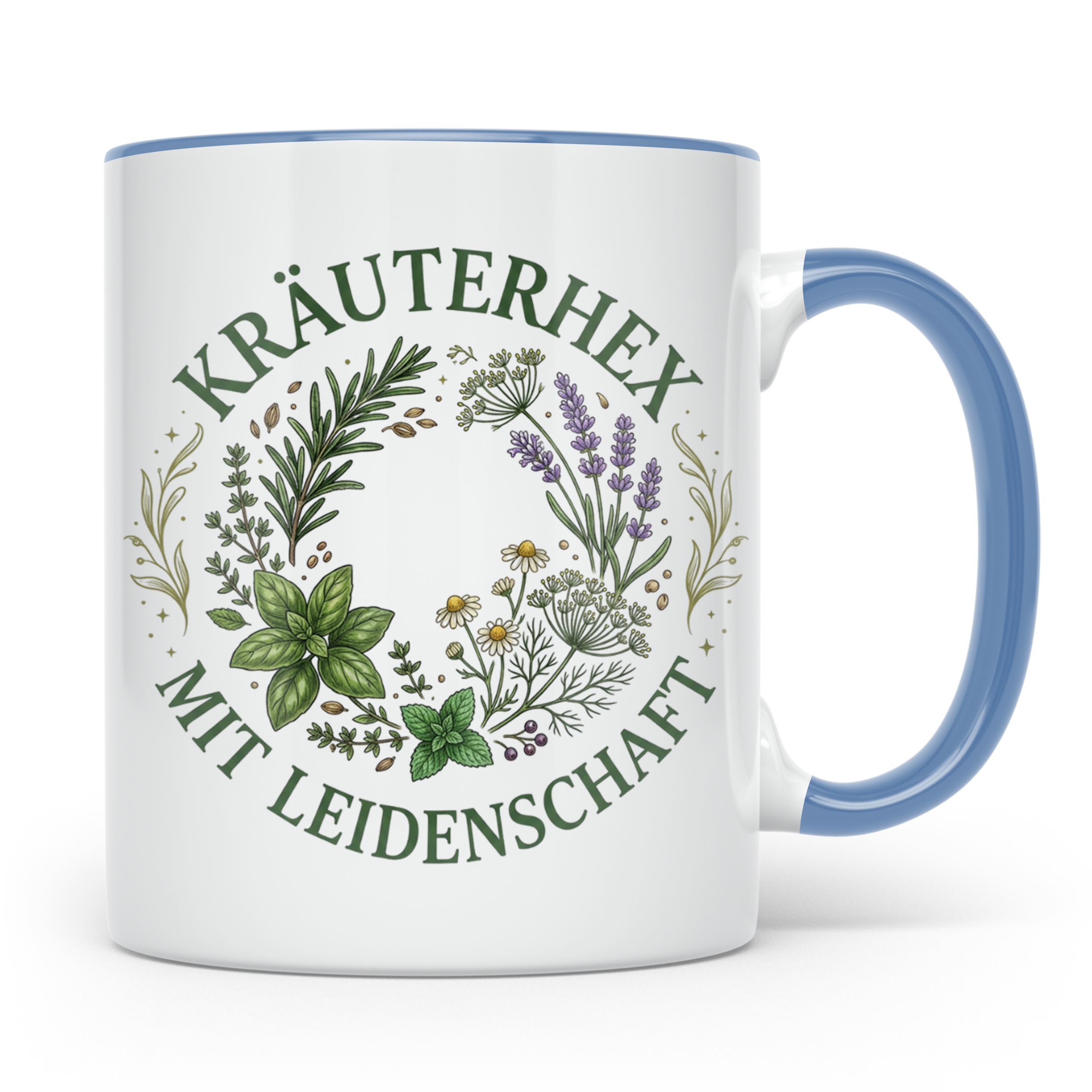 Kräuterhexe Tasse mit Heilkräuter Motiv, Geschenk für Garten – Blau [farbe:blau]