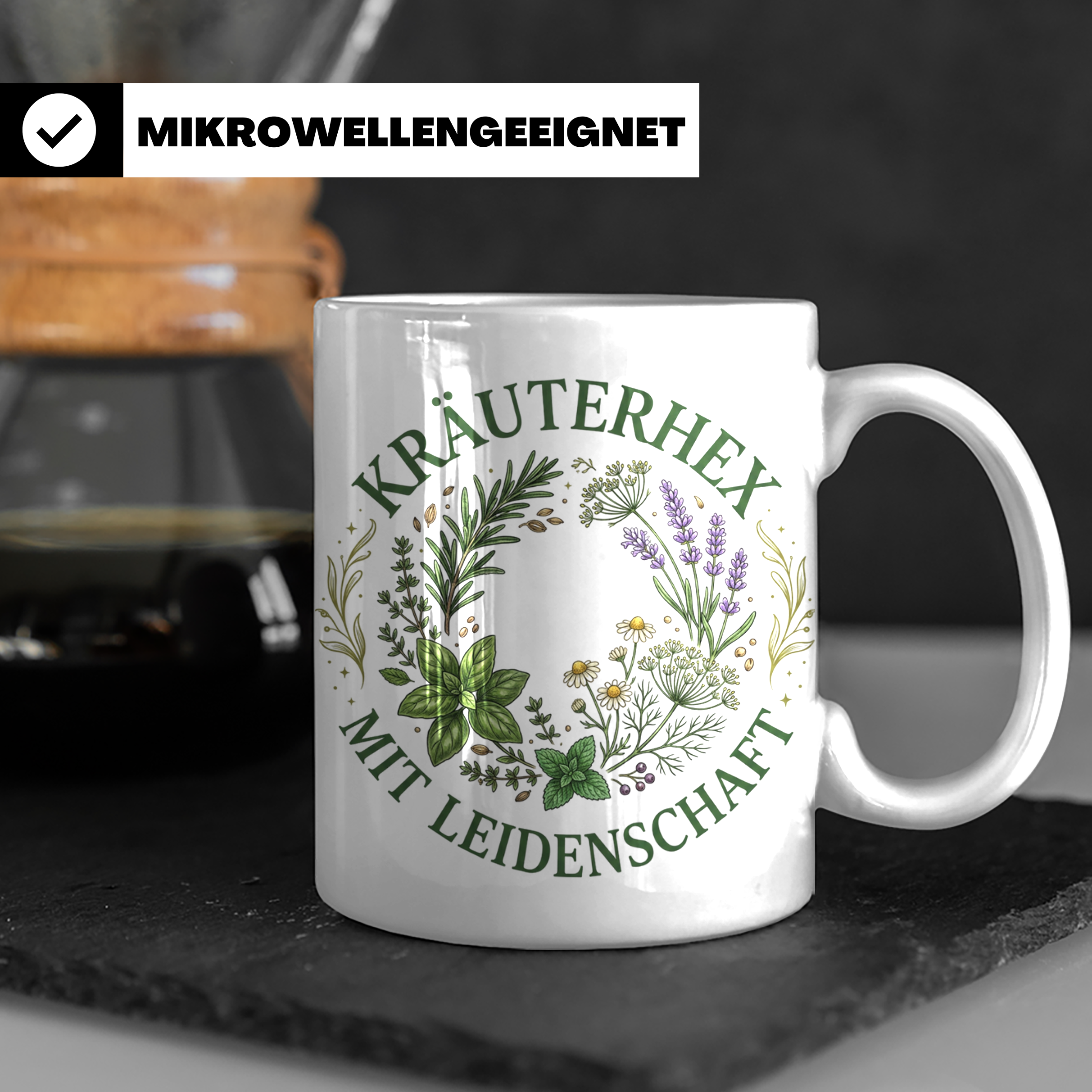 Kräuterhexe Tasse mit Heilkräuter Motiv, Geschenk für Garten – Weiß [farbe:weiß]