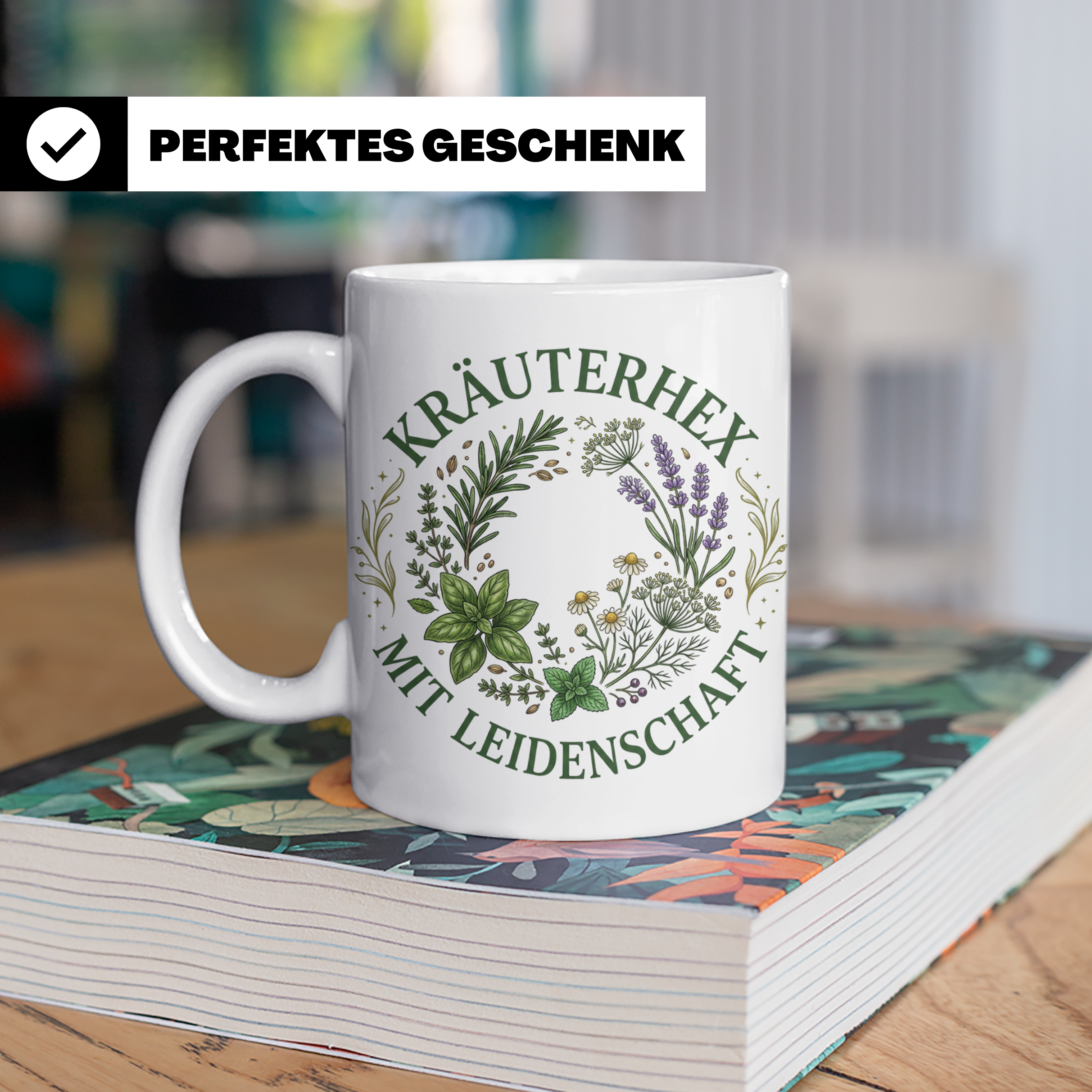 Kräuterhexe Tasse mit Heilkräuter Motiv, Geschenk für Garten – Weiß [farbe:weiß]